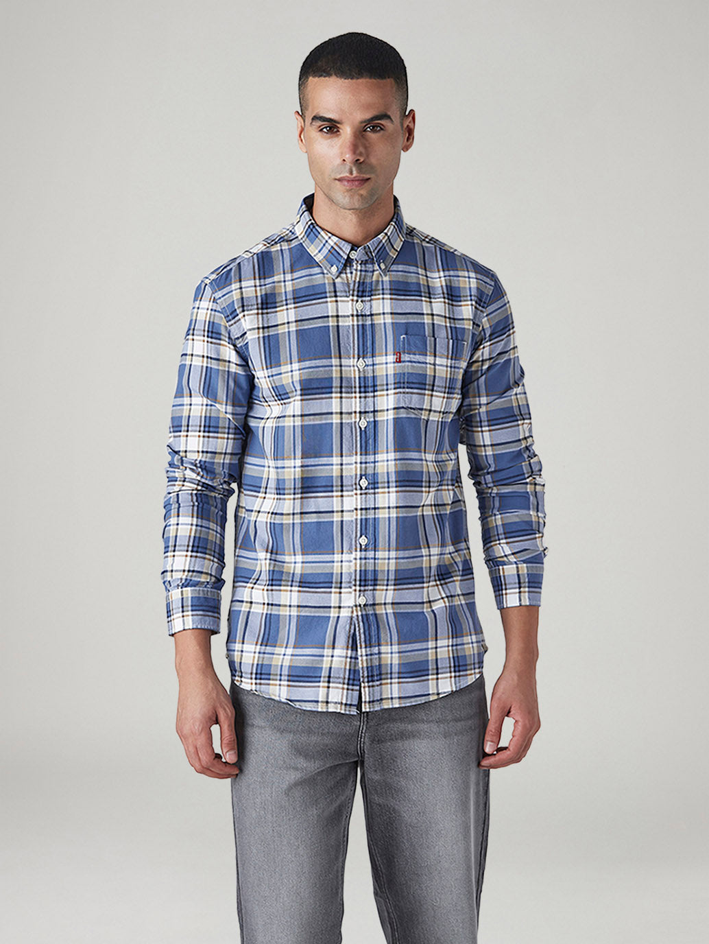 Men's Checkered Slim Fit Oxford Shirt - Front View