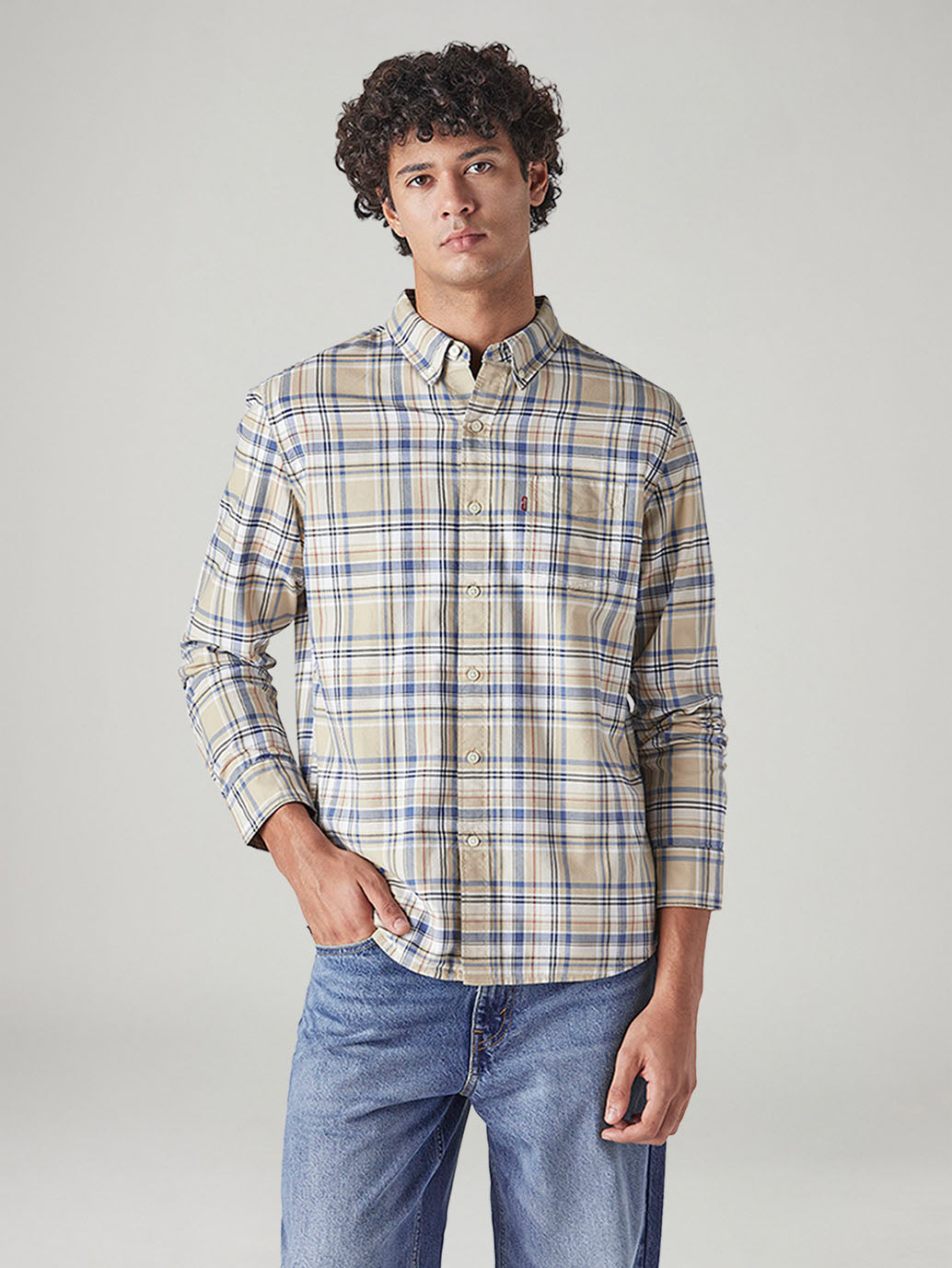 Men's Checkered Slim Fit Oxford Shirt - Front View