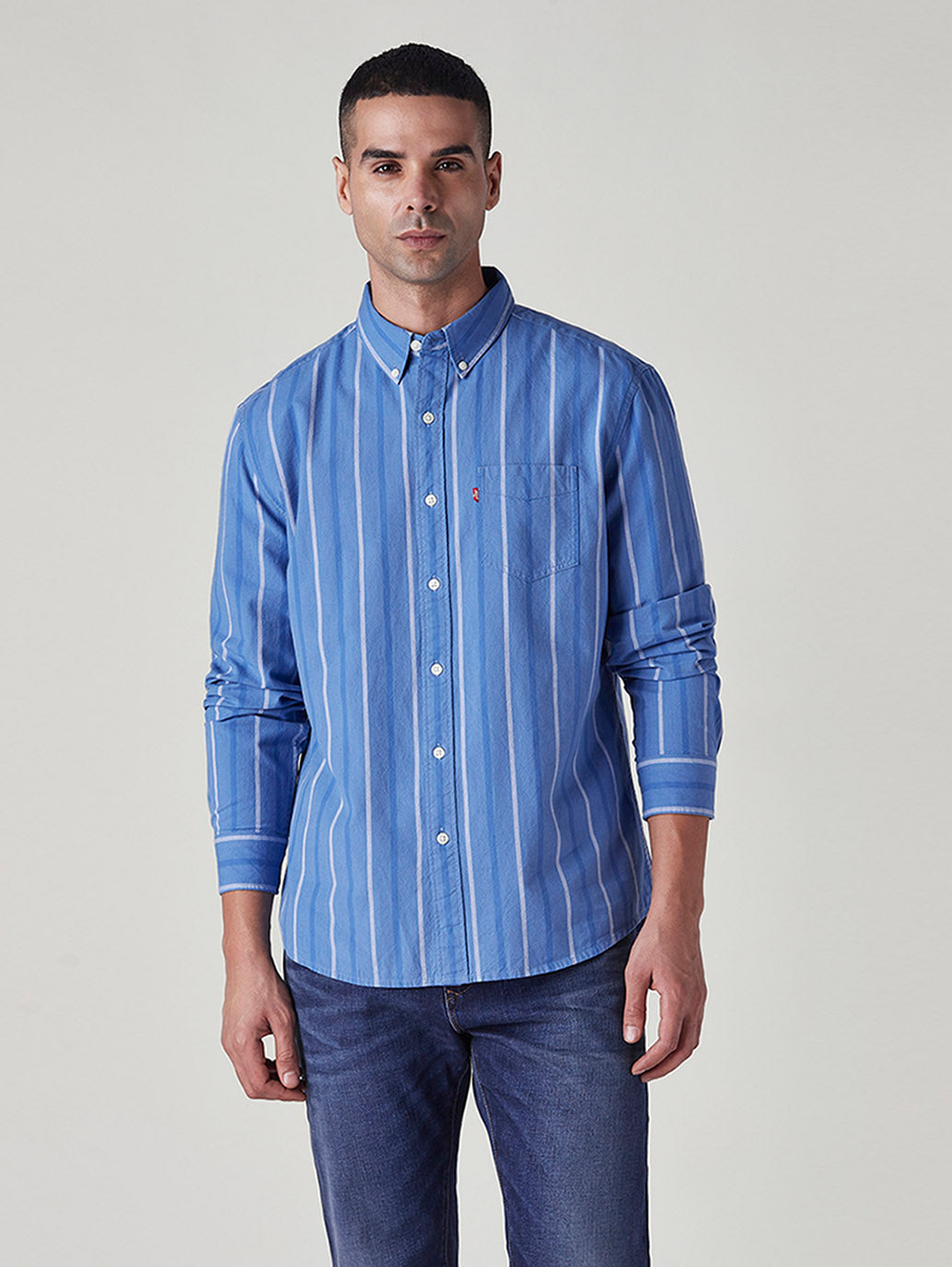 Men's Striped Slim Fit Textured Shirt - Front View