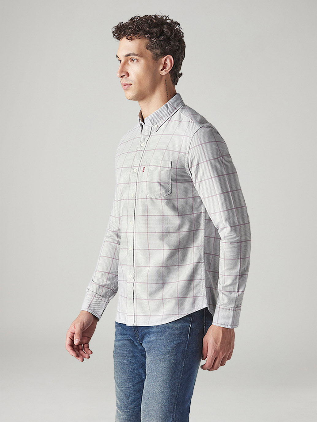 Men's Checkered Relaxed Fit Oxford Shirt - Side View