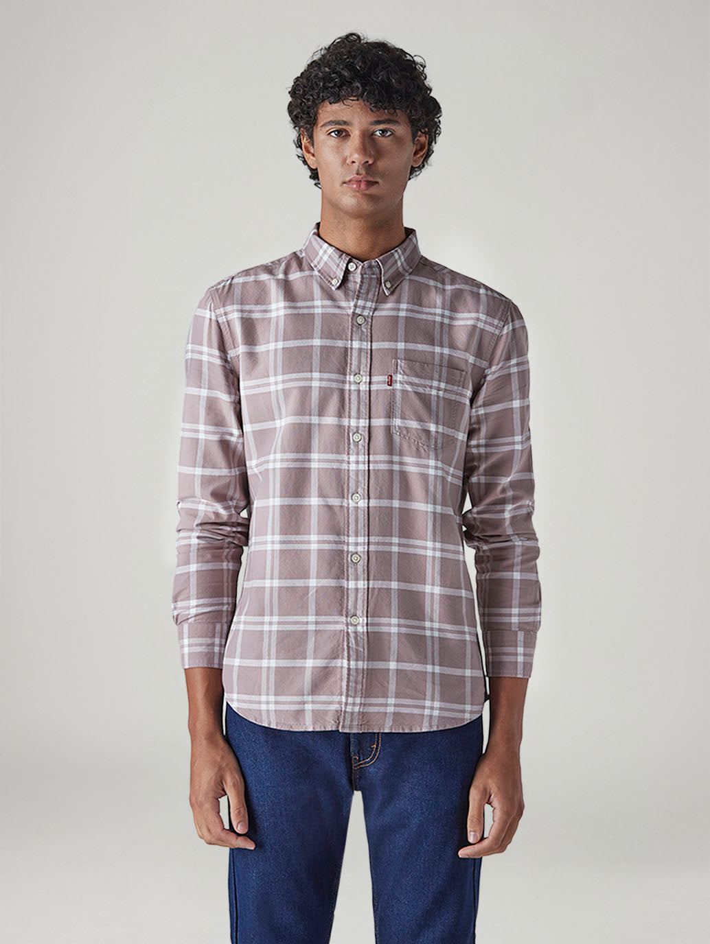 Men's Mauve Checkered Slim Fit Oxford Shirt - 20 View