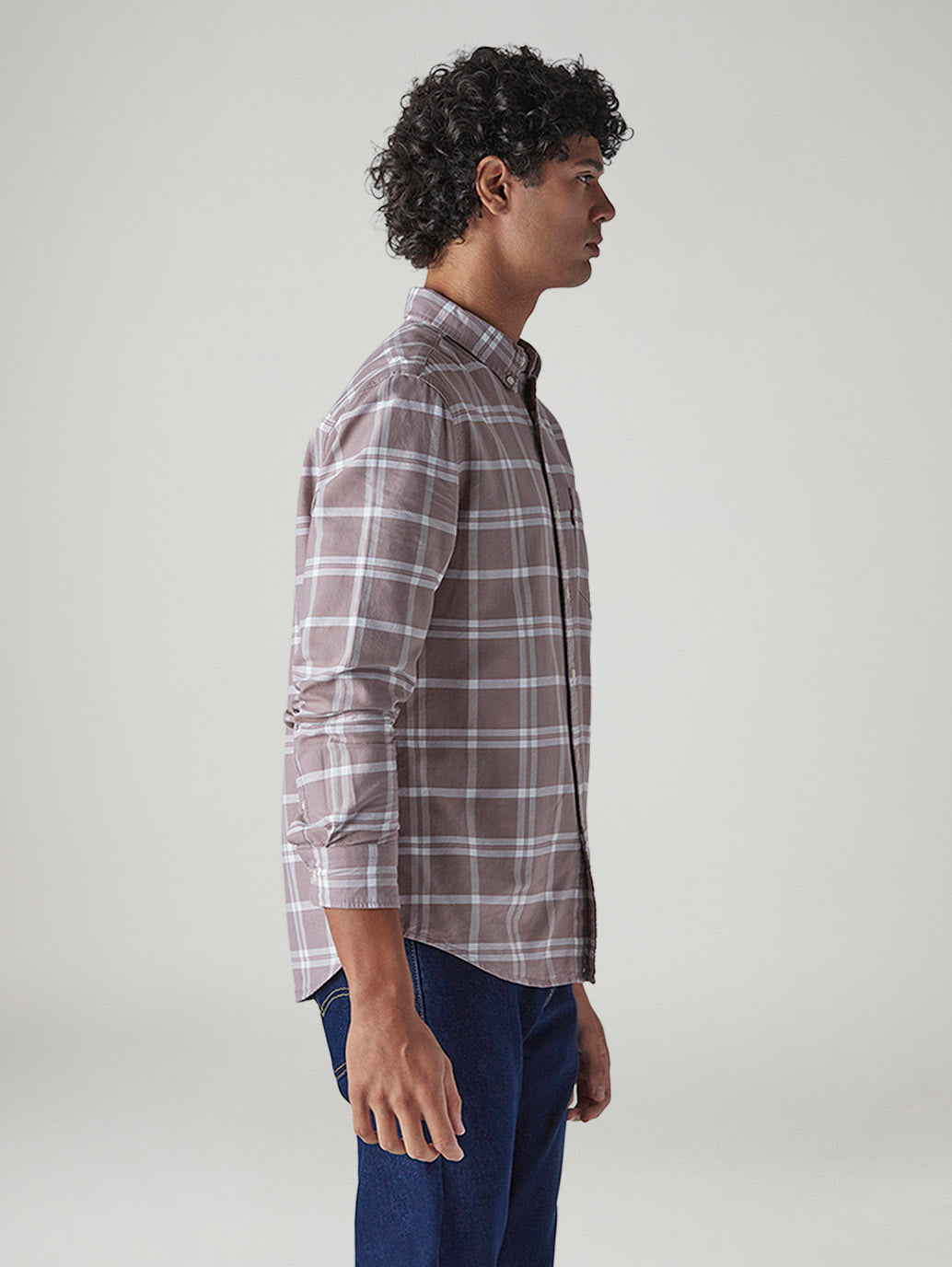 Men's Mauve Checkered Slim Fit Oxford Shirt - 20 View