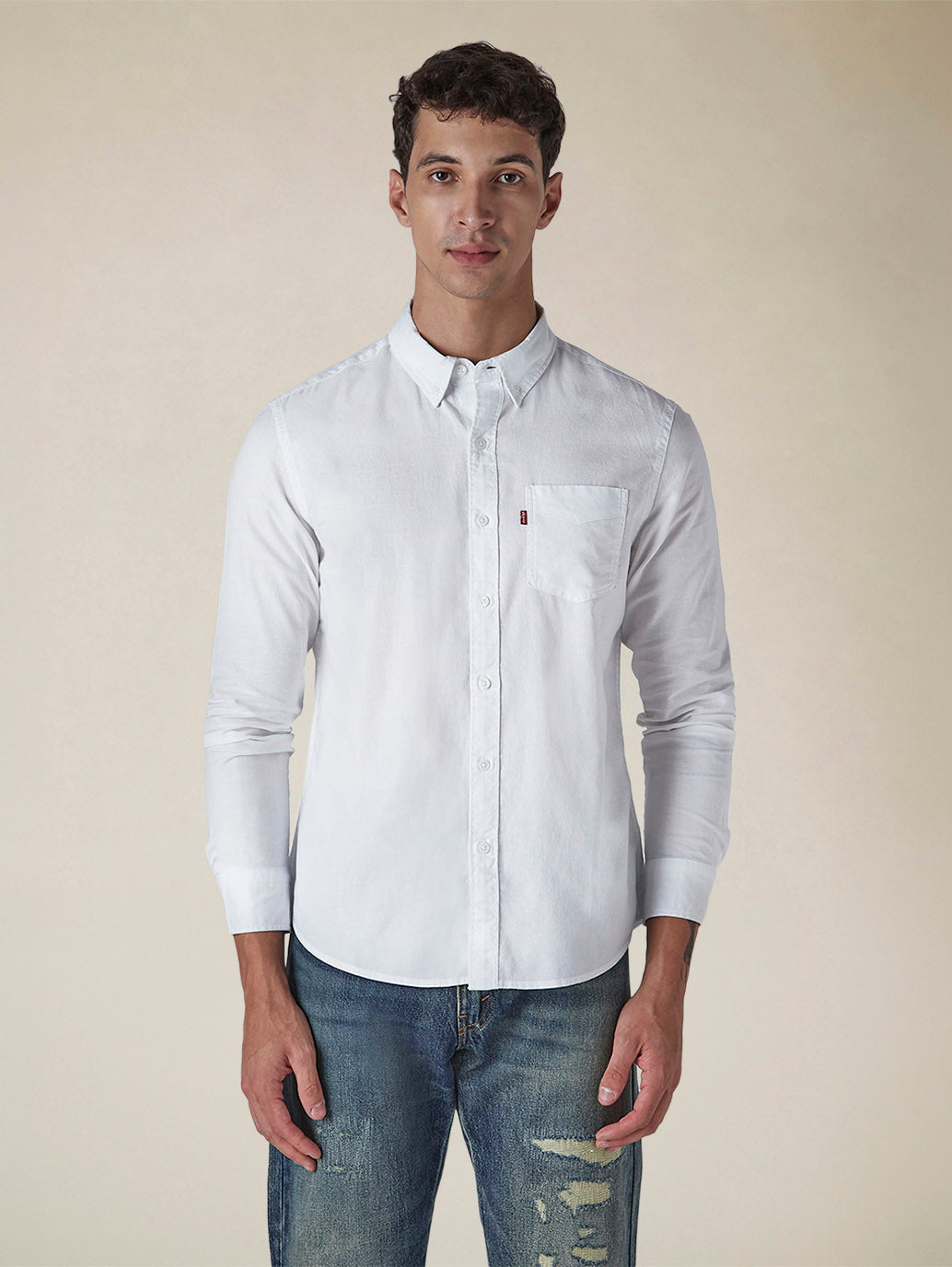 Men's Solid Button Down Collar Slim Fit Oxford Shirt - Front View