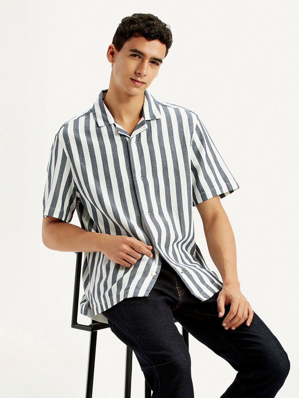Men's Striped White Relaxed Fit Camp Shirt - Styleshot View