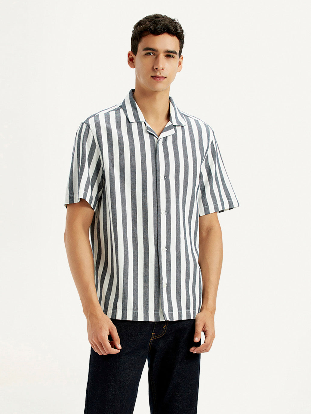 Men's Striped White Relaxed Fit Camp Shirt - Front View
