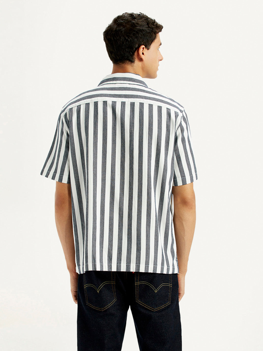 Men's Striped White Relaxed Fit Camp Shirt - Back View
