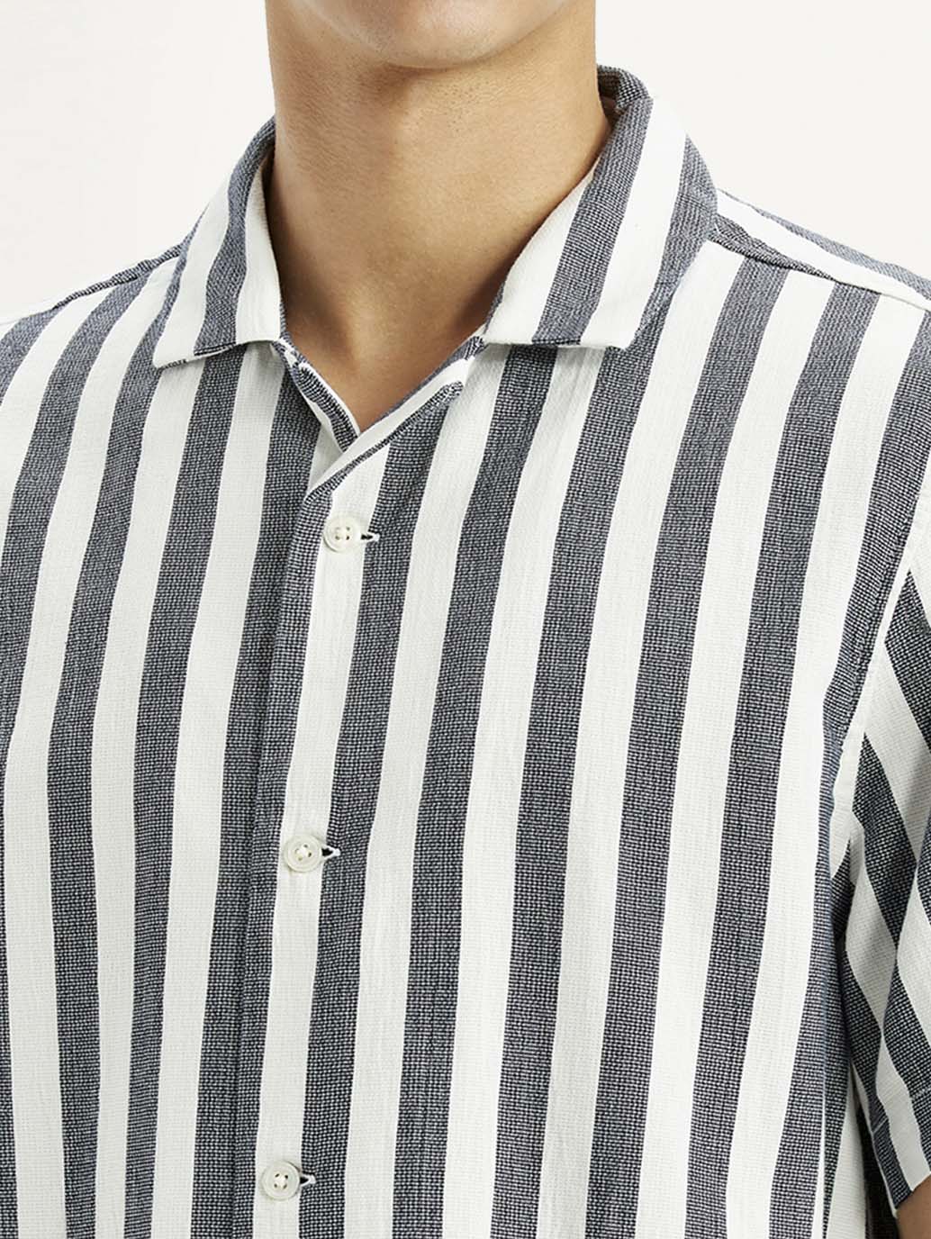 Men's Striped White Relaxed Fit Camp Shirt - Detail View