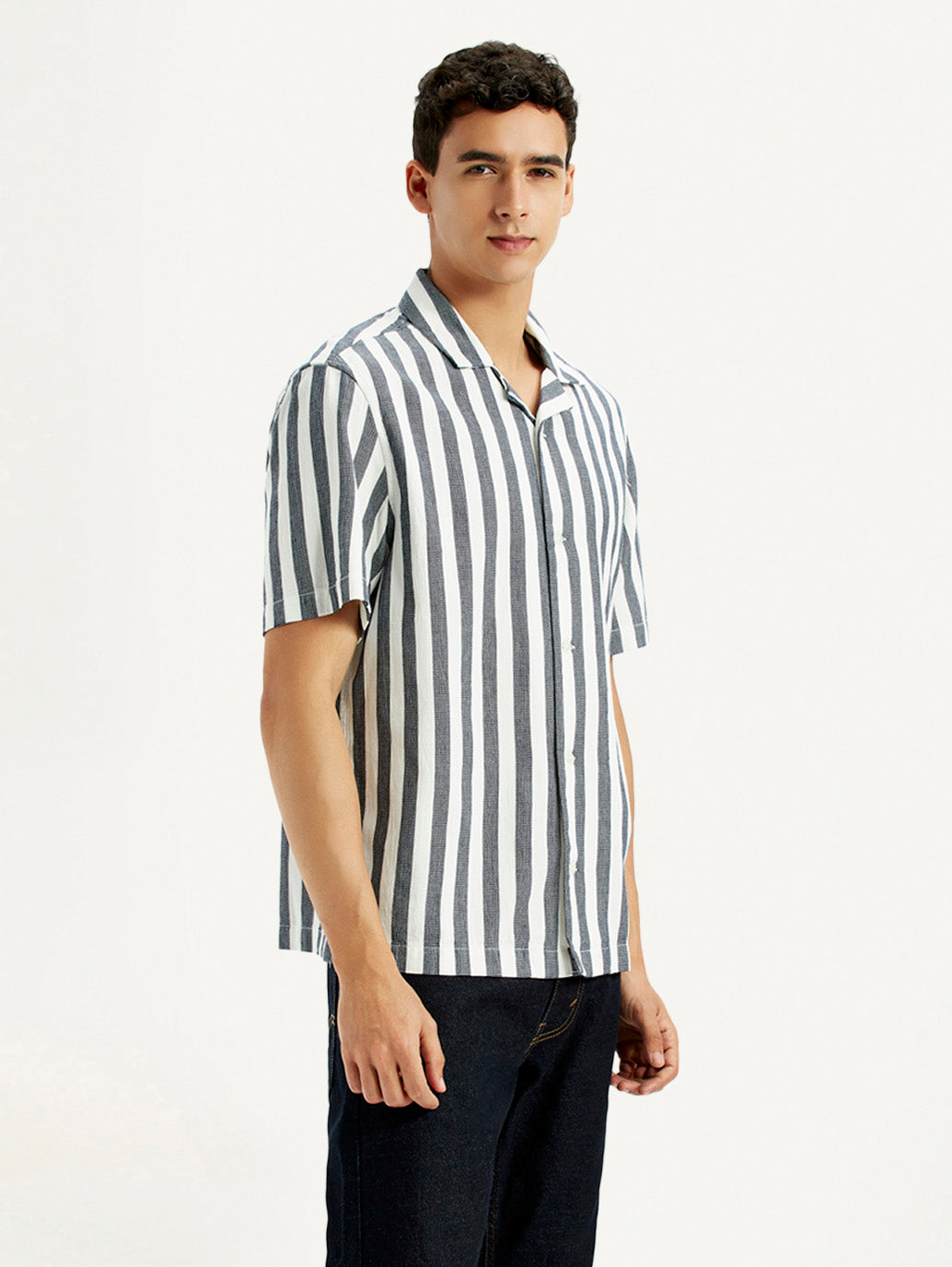 Men's Striped White Relaxed Fit Camp Shirt - Side View