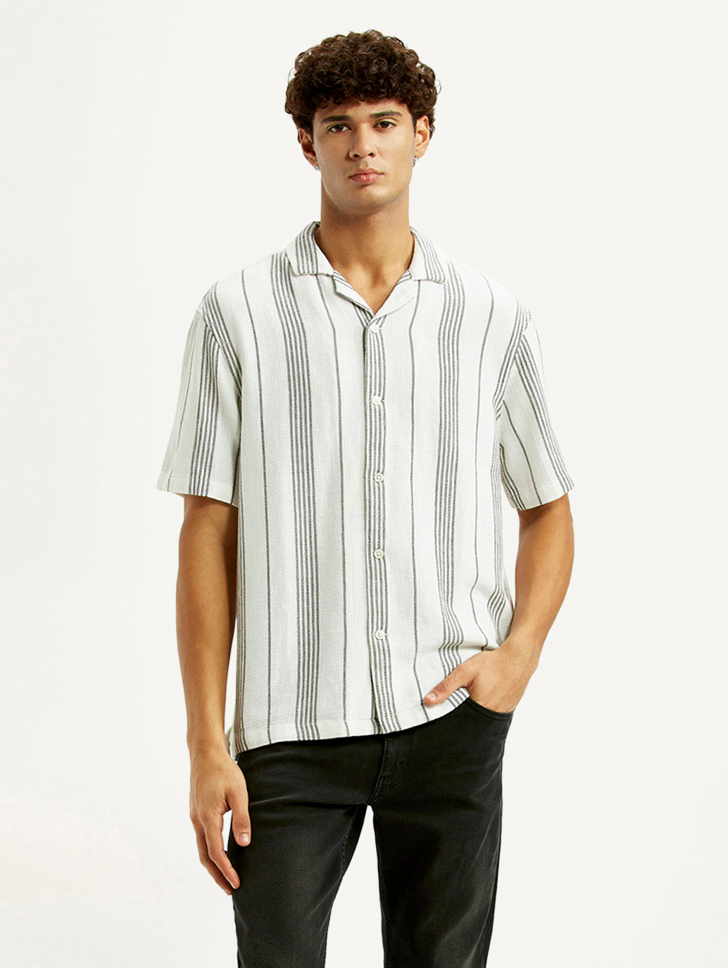 Men's Striped White Relaxed Fit Camp Shirt