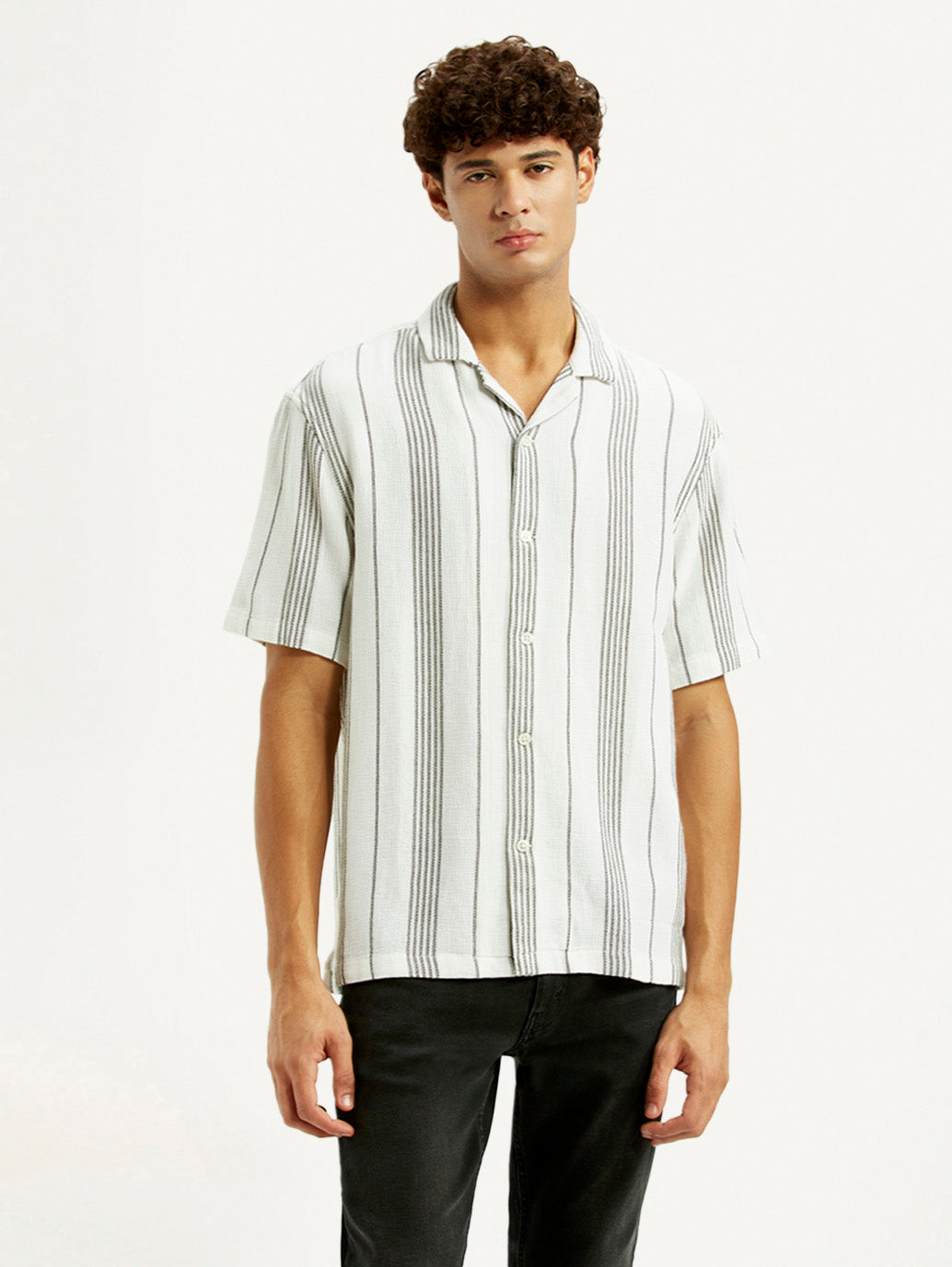 Men's Striped White Slim Fit Camp Shirt - Front View