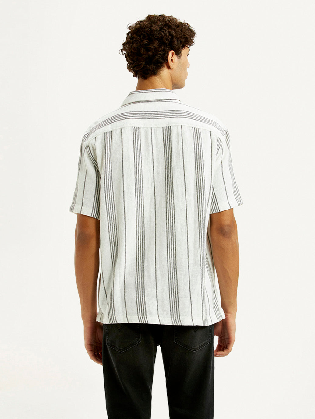 Men's Striped White Relaxed Fit Camp Shirt - Back View