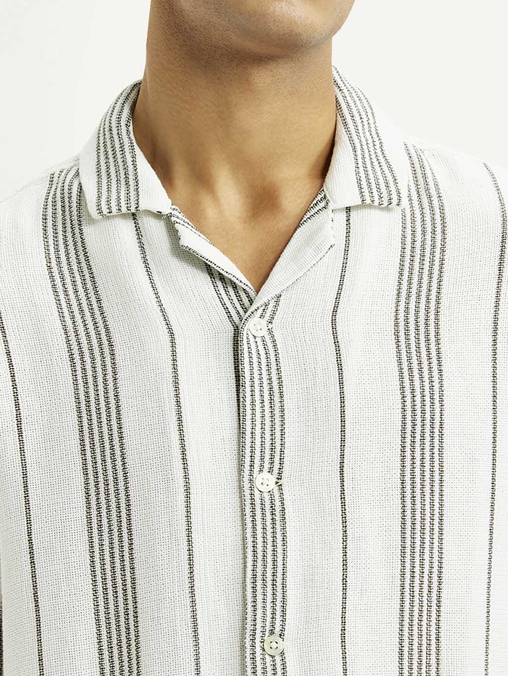 Men's Striped White Relaxed Fit Camp Shirt - Detail View