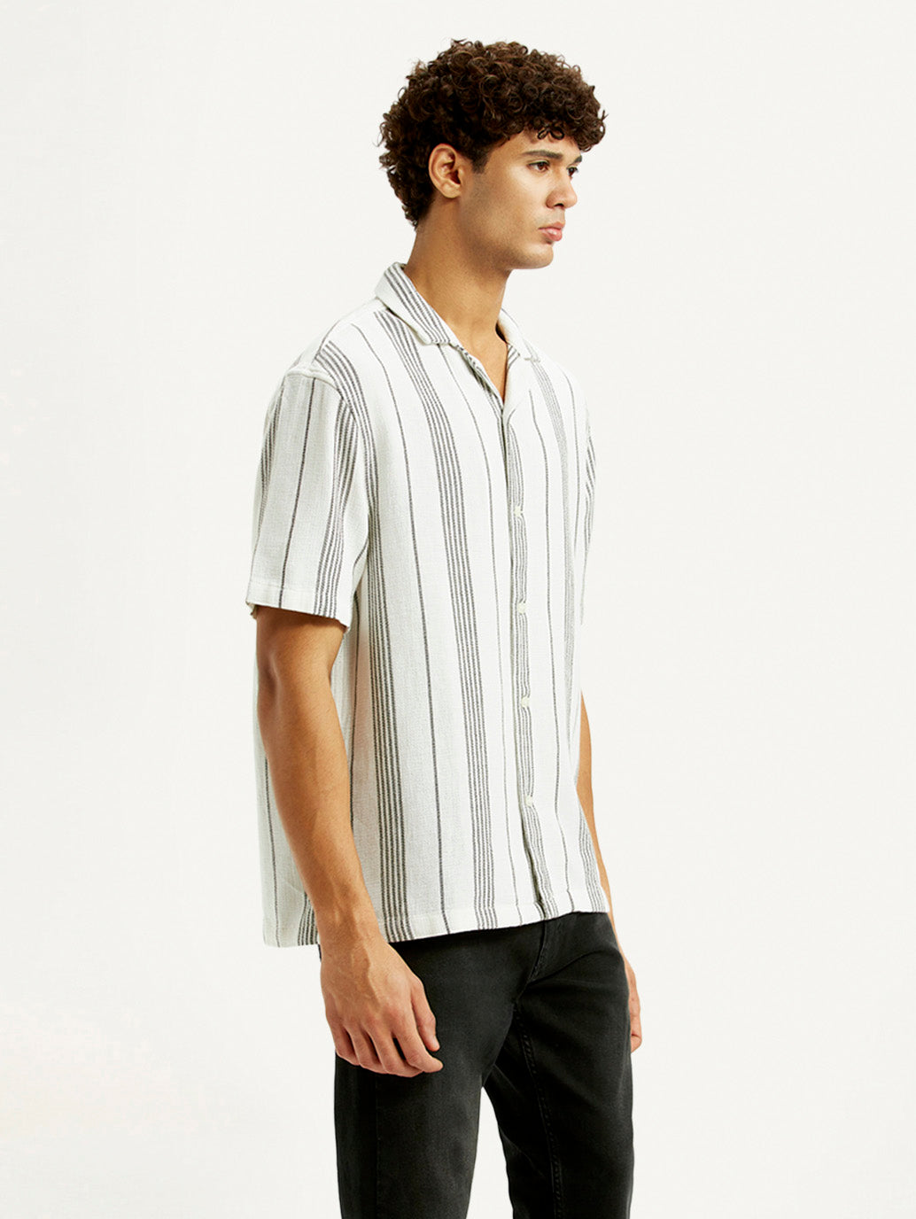 Men's Striped White Relaxed Fit Camp Shirt - Side View