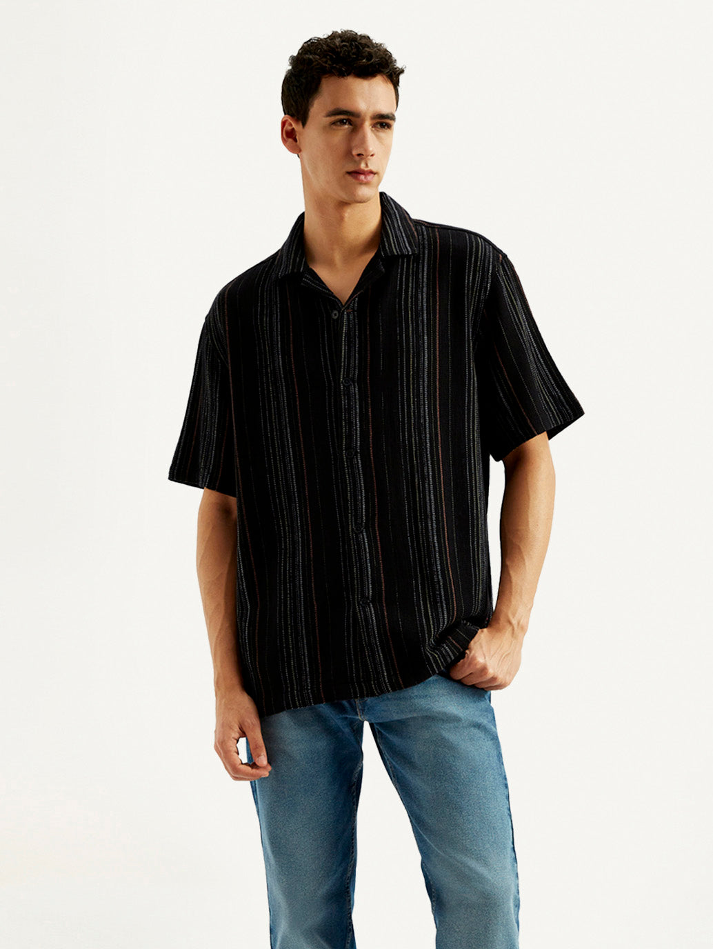 Men's Striped Relaxed Fit Resort Collar Shirt - Styleshot View