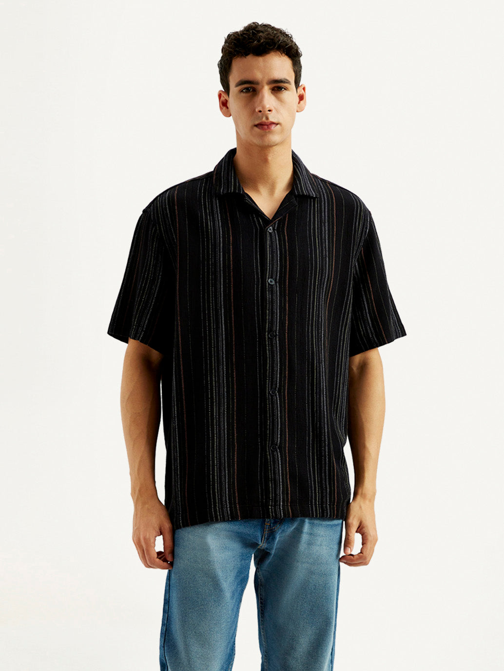 Men's Striped Relaxed Fit Resort Collar Shirt - Front View