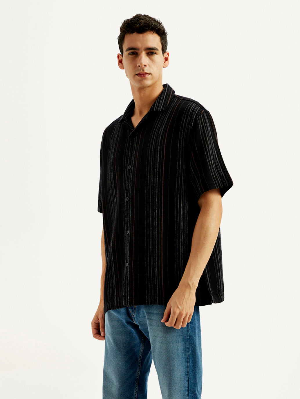 Men's Striped Relaxed Fit Resort Collar Shirt - Side View