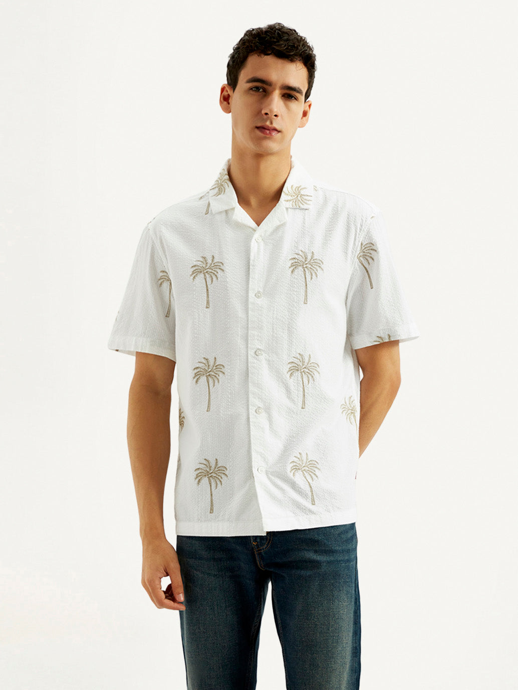 Men's Printed Slim Fit Resort Collar Shirt - Front View