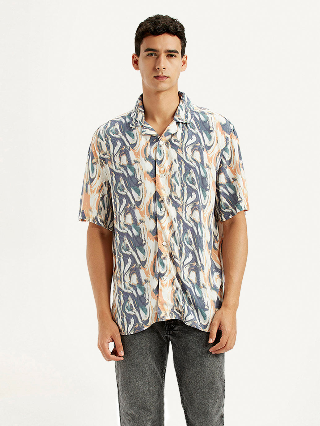 Men's All Over Print Multi Color Slim Fit Camp Shirt - Front View