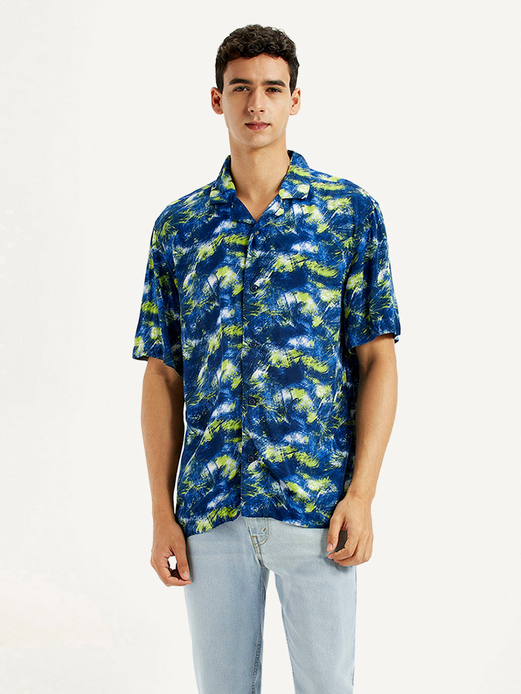 Men's Abstract Multi Color Slim Fit Camp Shirt - Front View
