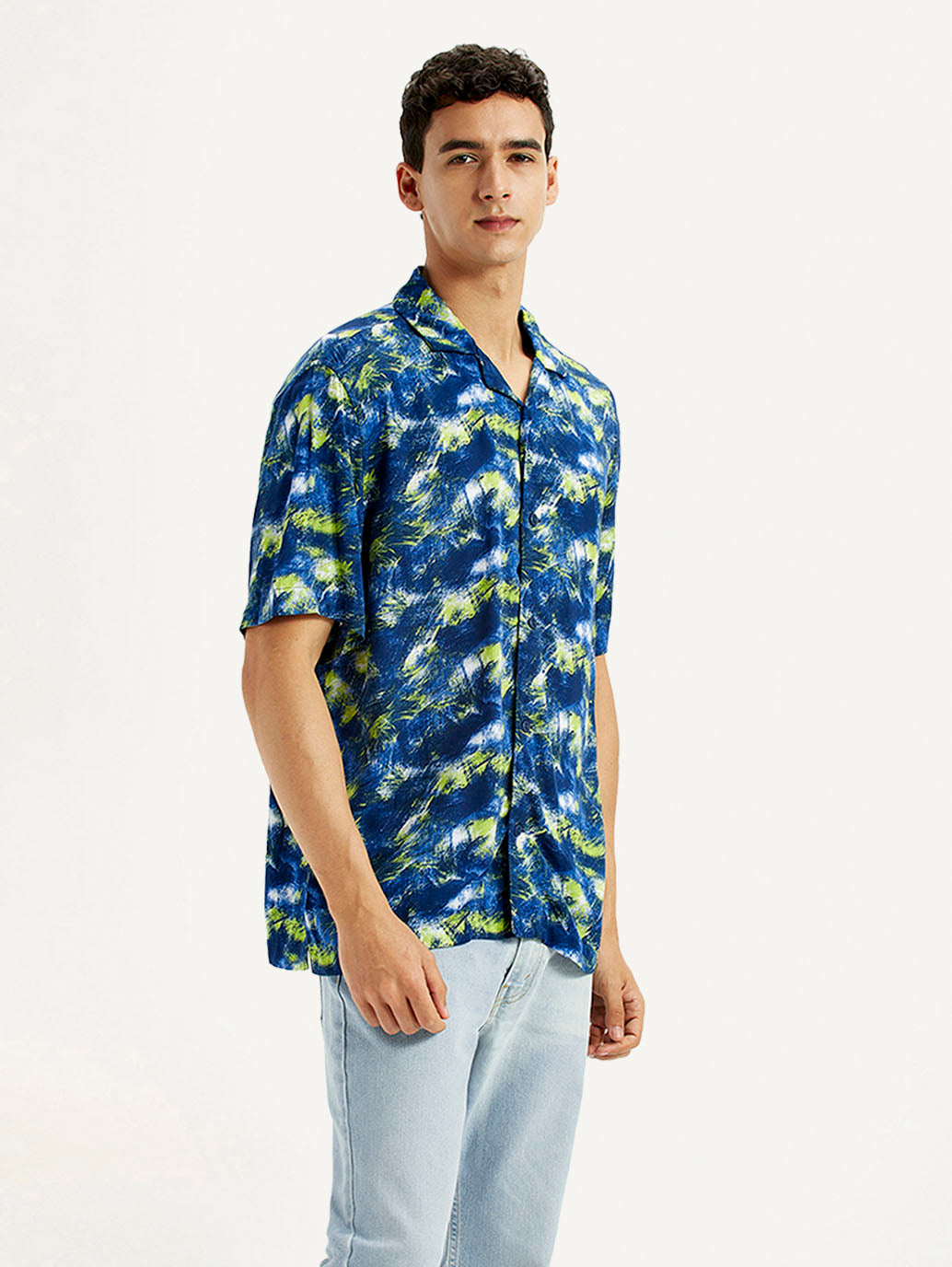 Men's Abstract Multi Color Slim Fit Camp Shirt - Side View