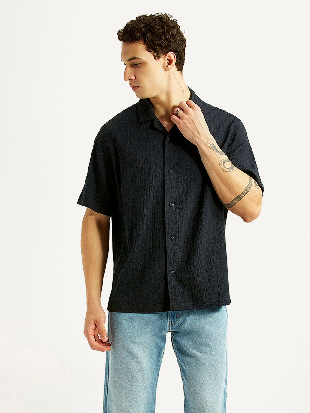 Men's Textured Black Relaxed Fit Camp Shirt - Styleshot View