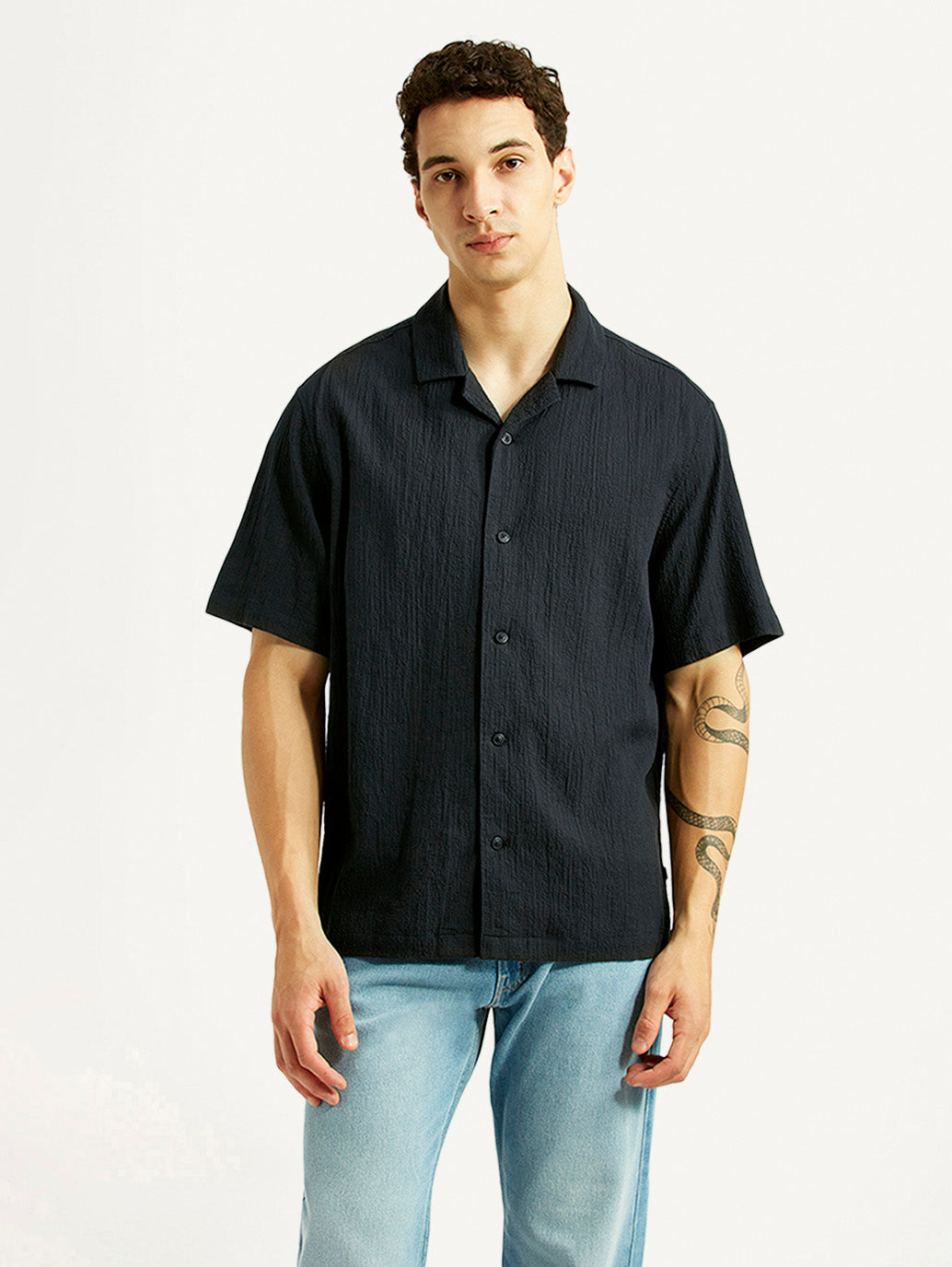 Men's Textured Black Relaxed Fit Camp Shirt - Front View