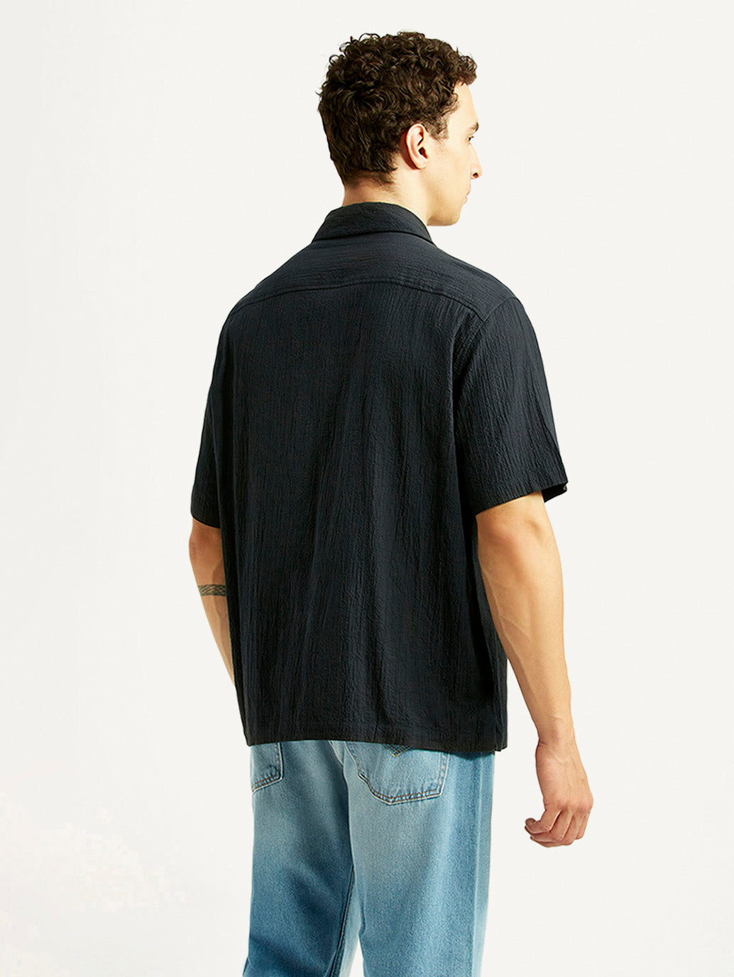 Men's Textured Black Relaxed Fit Camp Shirt - Back View