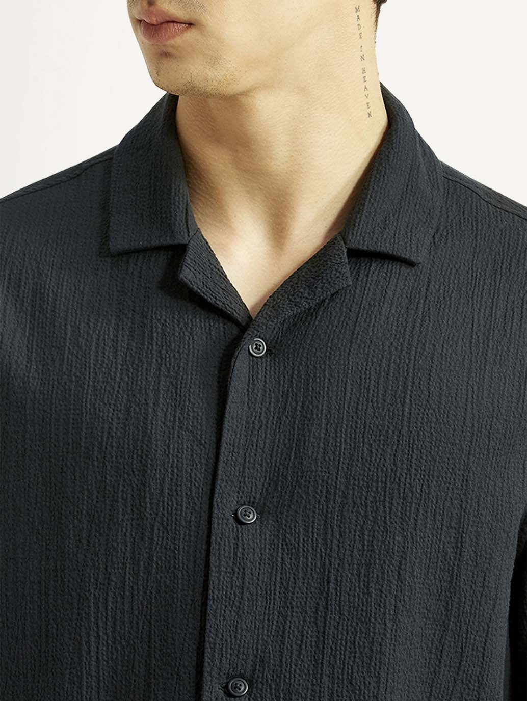 Men's Textured Black Relaxed Fit Camp Shirt - Detail View