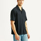 Men's Textured Black Relaxed Fit Camp Shirt - Side View