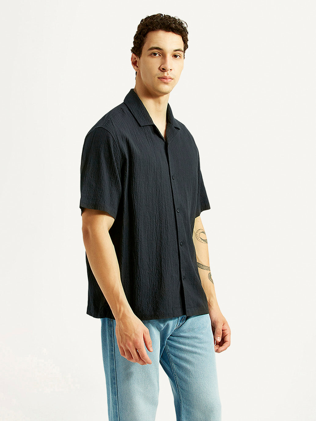 Men's Textured Black Relaxed Fit Camp Shirt - Side View