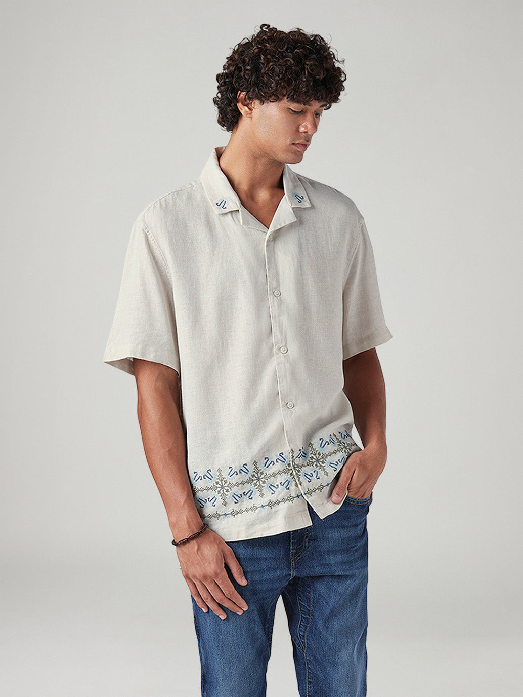Men's Embroidered Relaxed Fit Resort Collar Linen Shirt