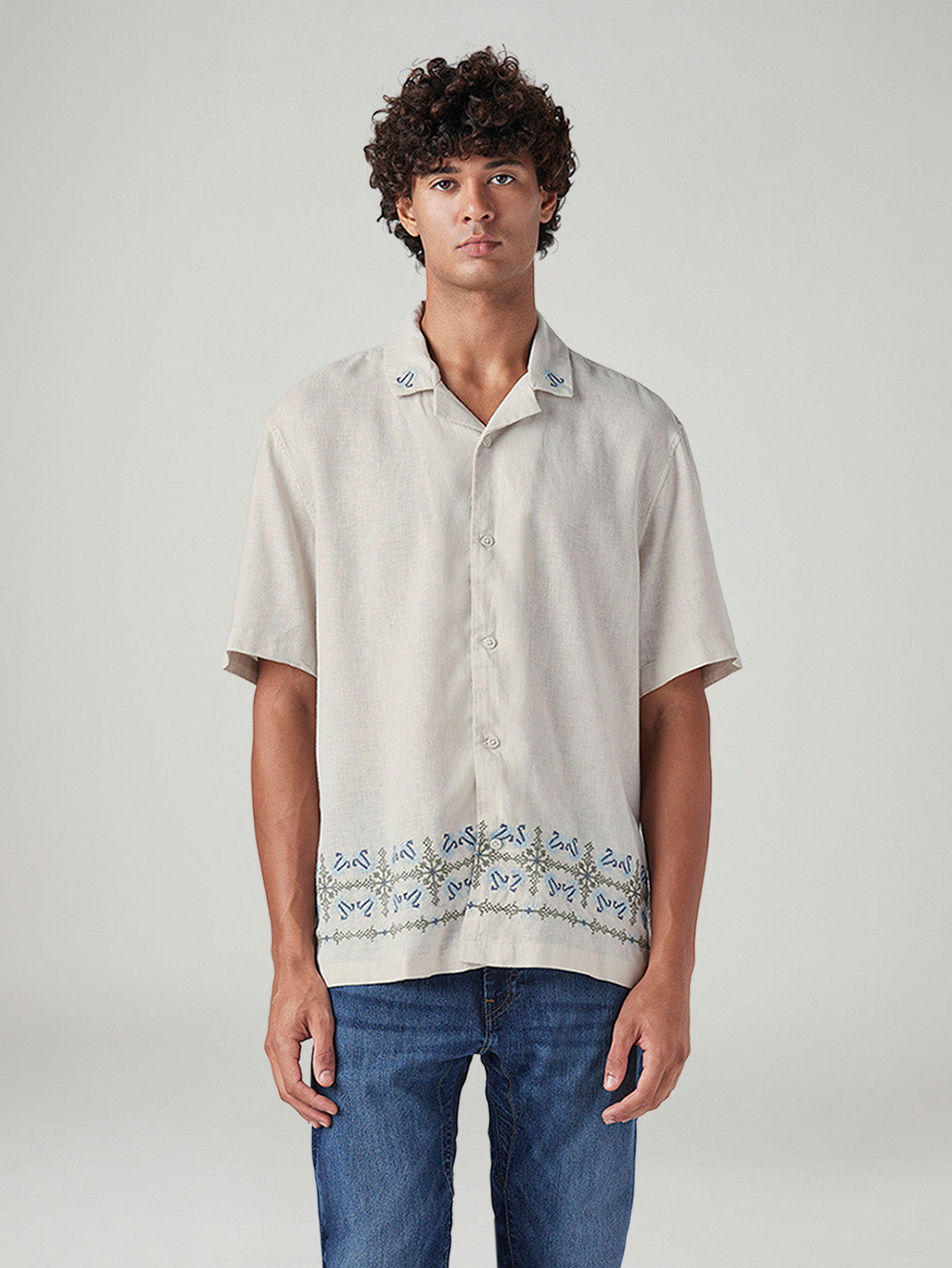 Men's Embroidered Relaxed Fit Resort Collar Linen Shirt - Front View