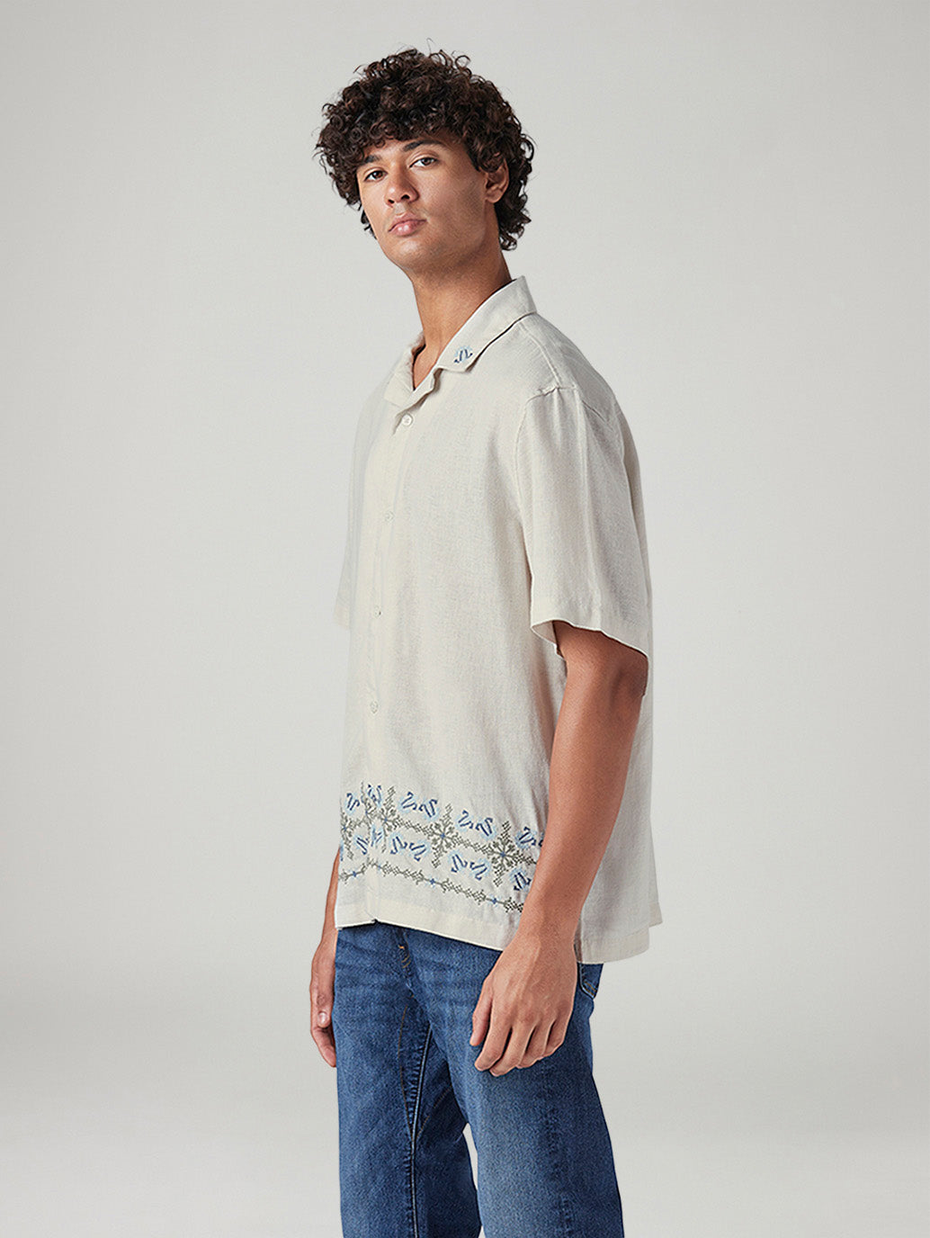 Men's Embroidered Relaxed Fit Resort Collar Linen Shirt - Side View