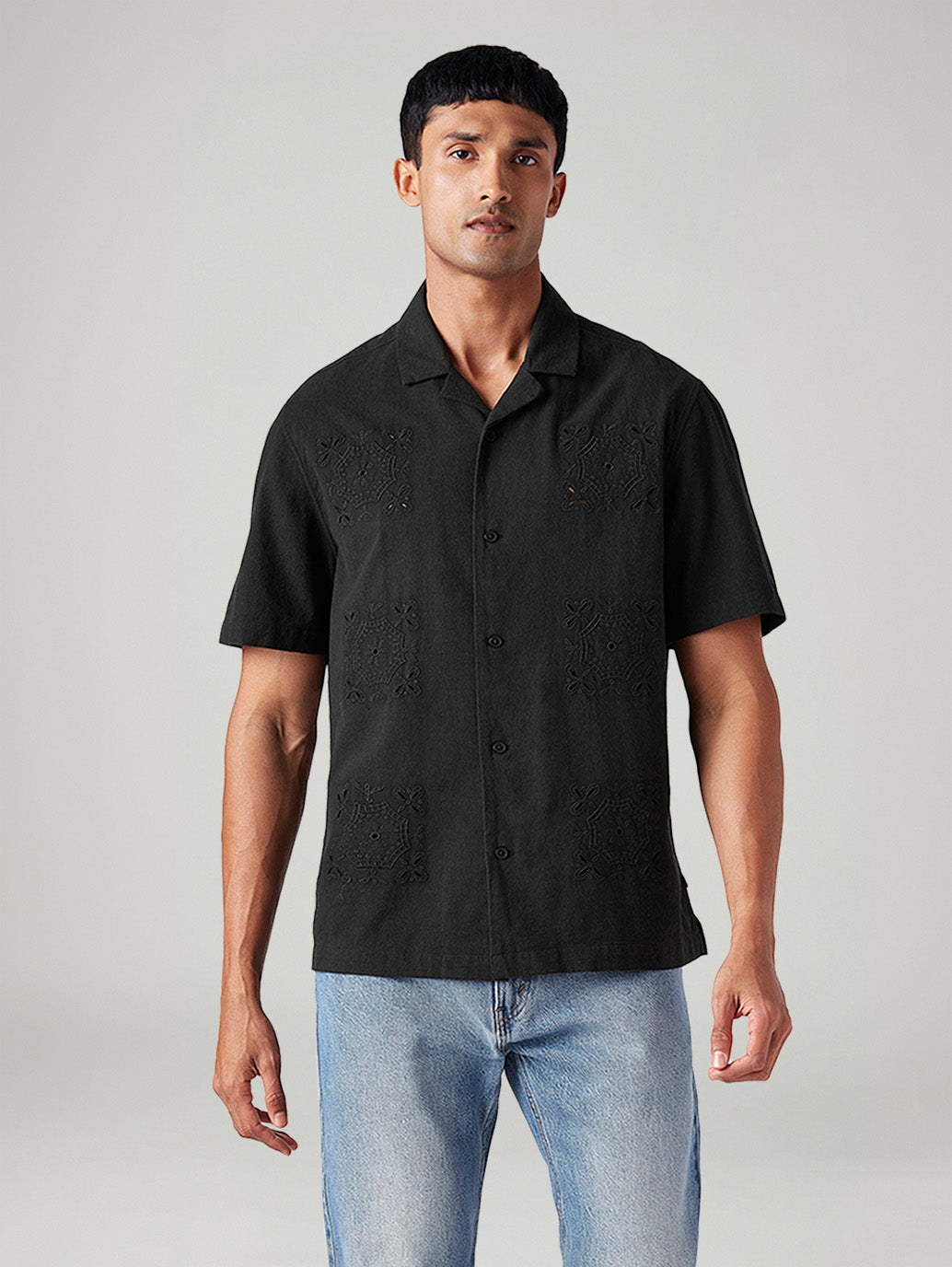 Men's Embroidered Relaxed Fit Resort Collar Shirt - Front View