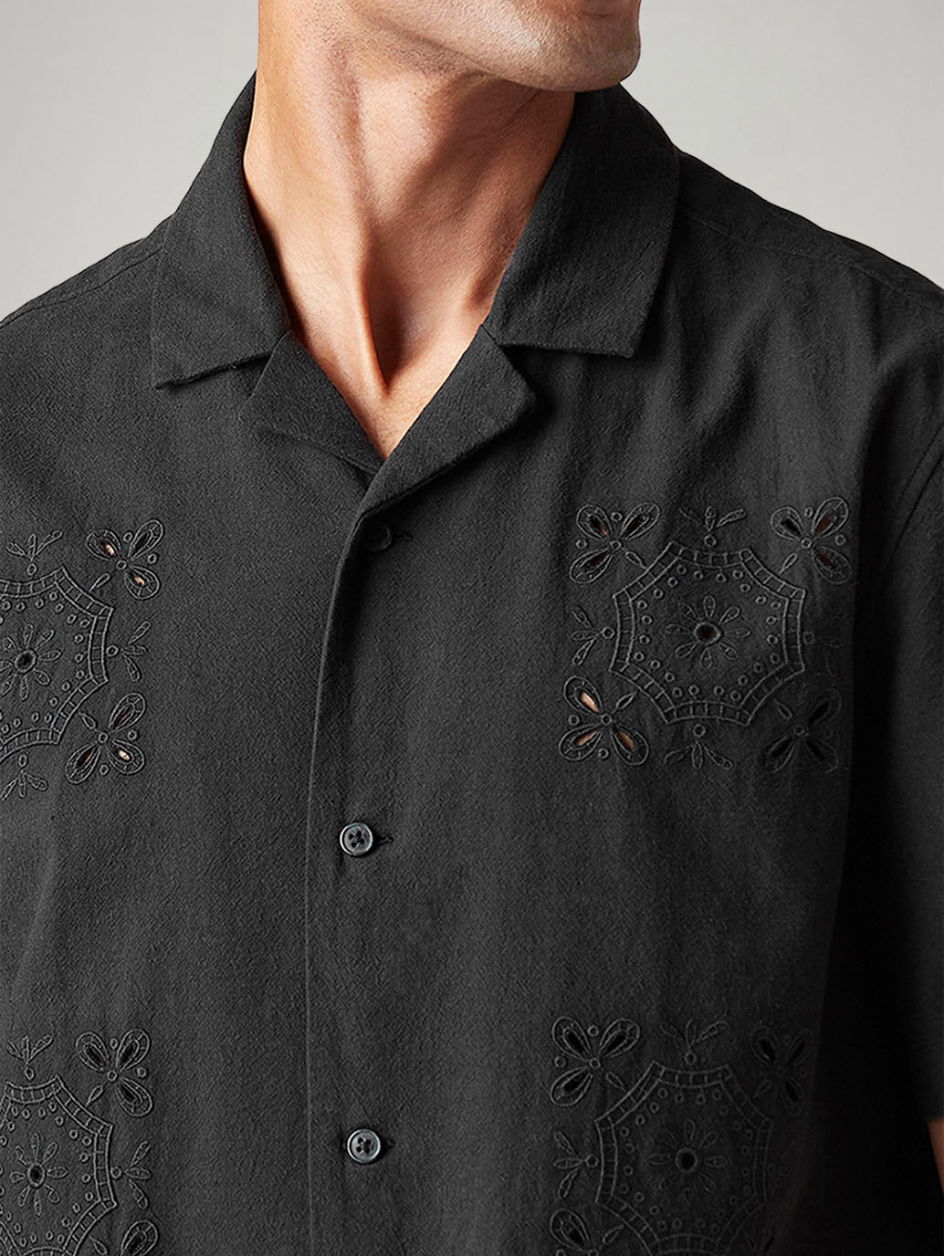 Men's Embroidered Relaxed Fit Resort Collar Shirt - Detail View