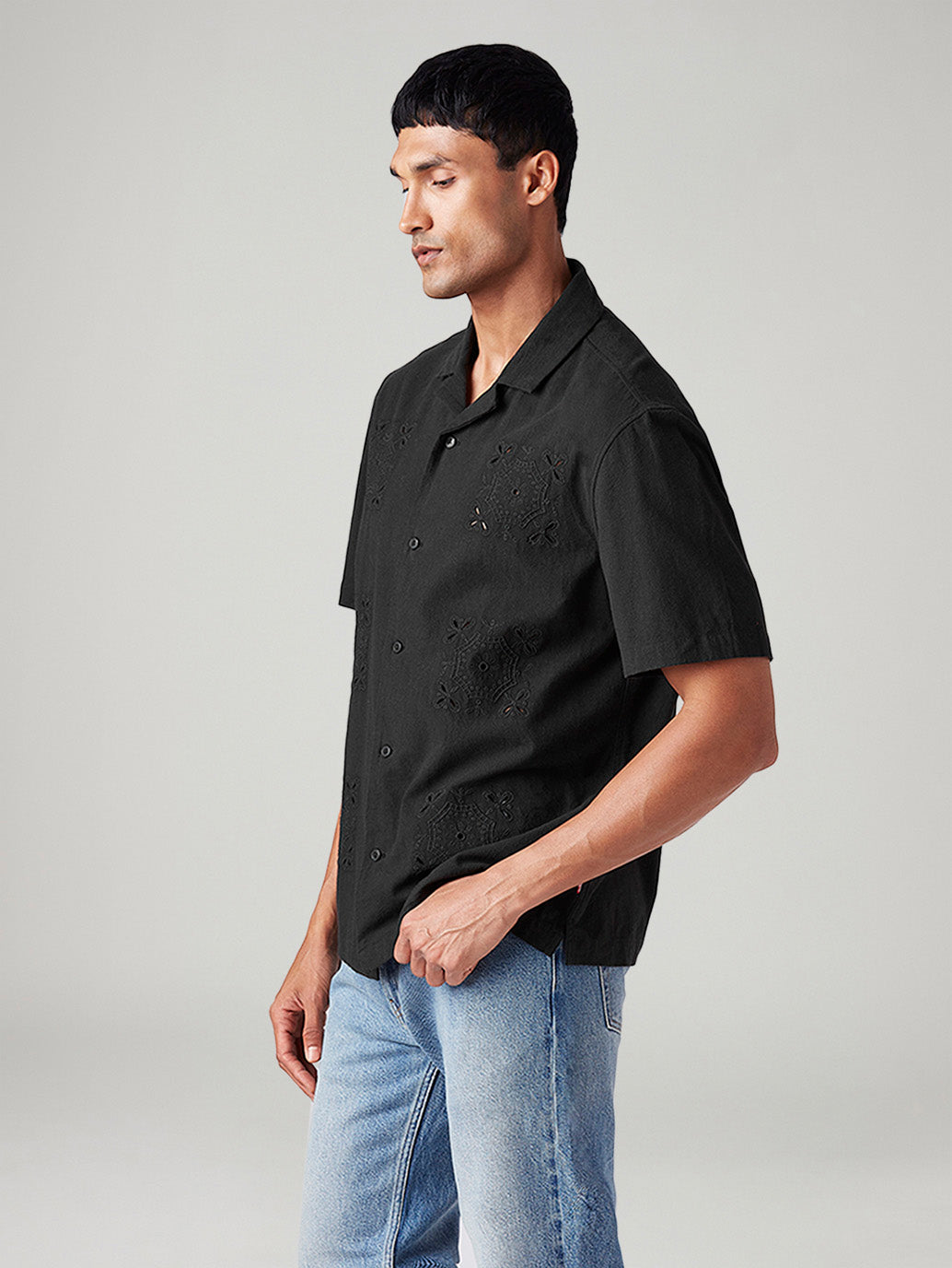Men's Embroidered Relaxed Fit Resort Collar Shirt - Side View