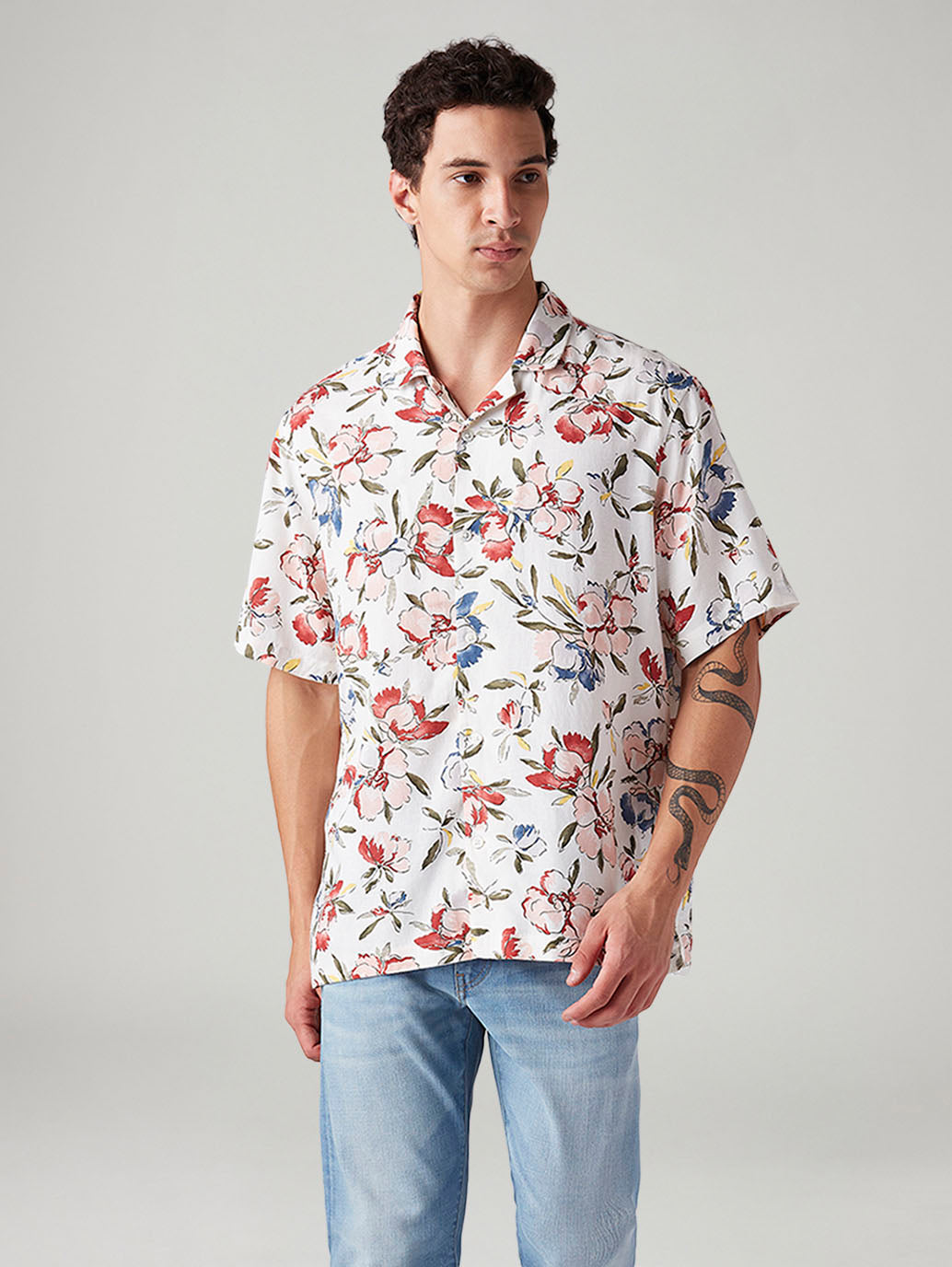 Men's Floral Relaxed Fit Linen Shirt - Front View