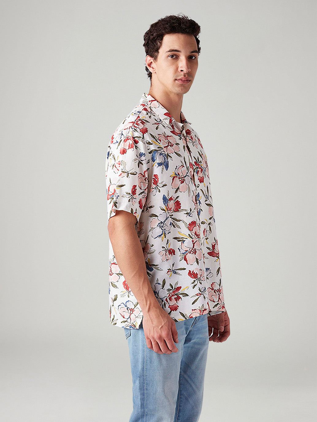 Men's Floral Relaxed Fit Linen Shirt - Side View