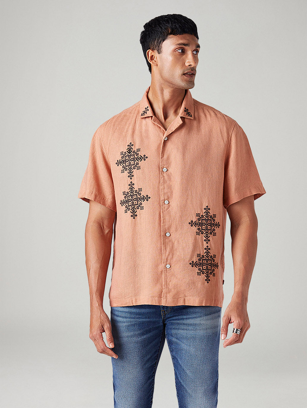 DESIGNG illest レイス Men's Embroidered Relaxed Fit Resort Collar Linen Shirt – Levis