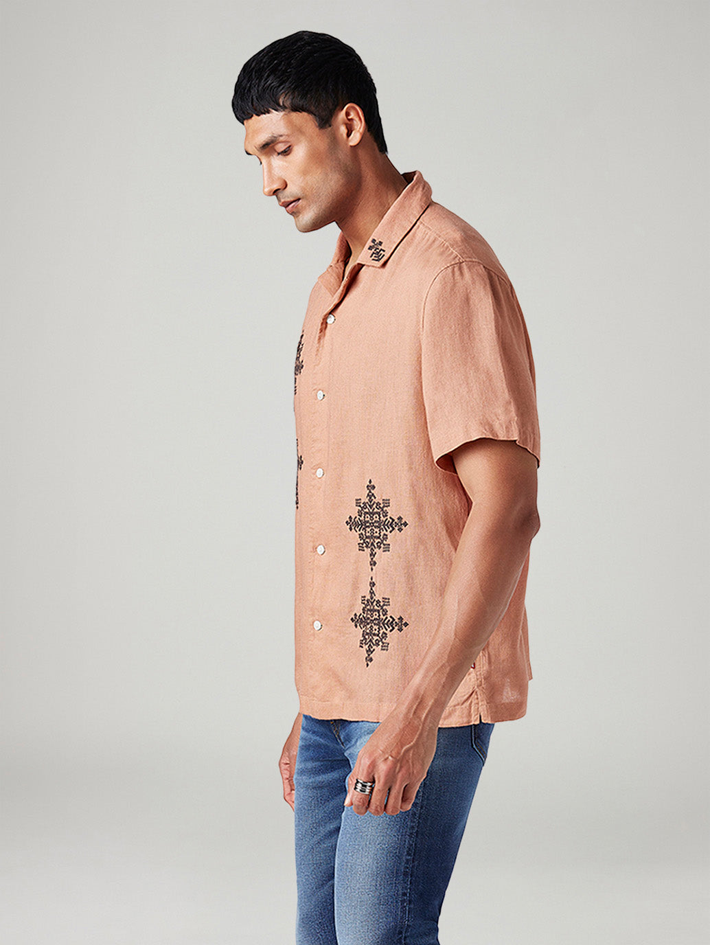 Men's Embroidered Relaxed Fit Resort Collar Linen Shirt - Side View