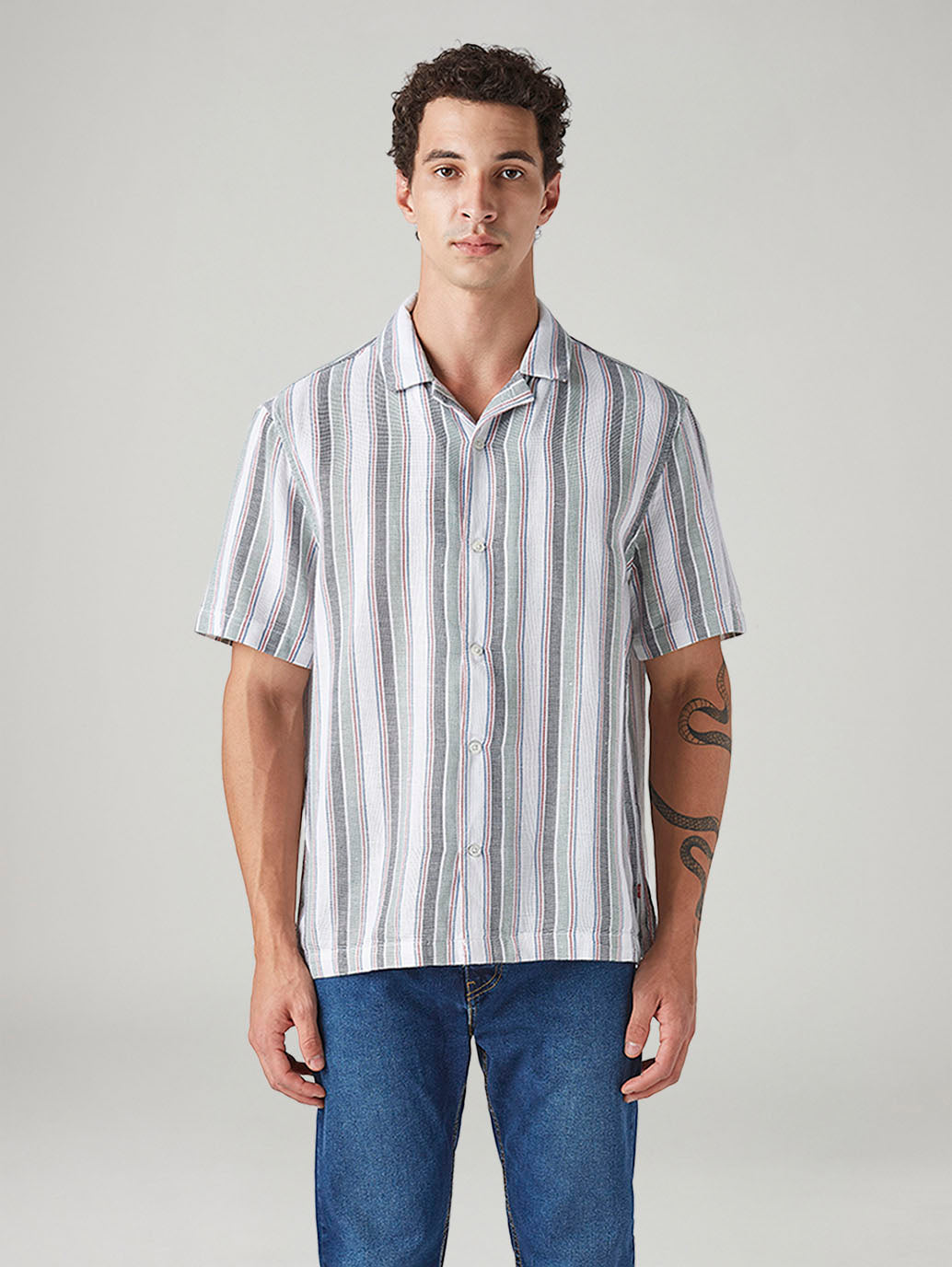 Men's Striped Relaxed Fit Linen Camp Shirt - Front View