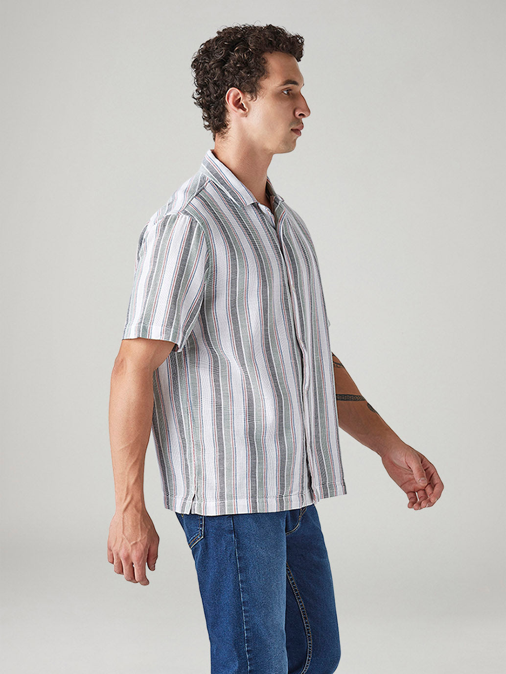 Men's Striped Relaxed Fit Linen Camp Shirt - Side View