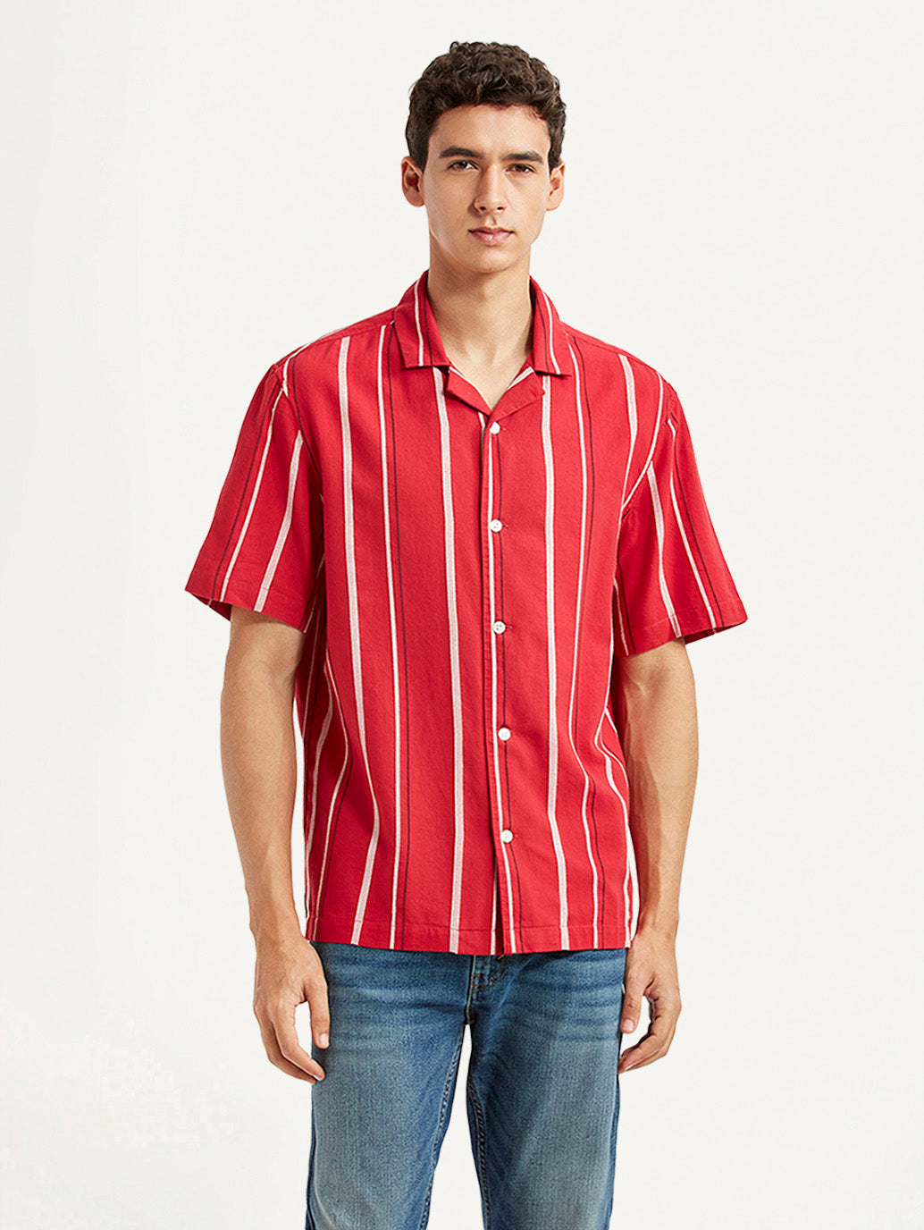 Men's Striped Red Relaxed Fit Camp Shirt