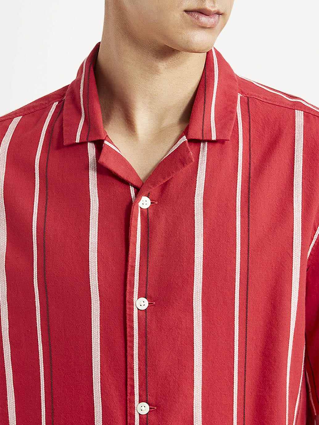 Men's Striped Red Relaxed Fit Camp Shirt - Detail View