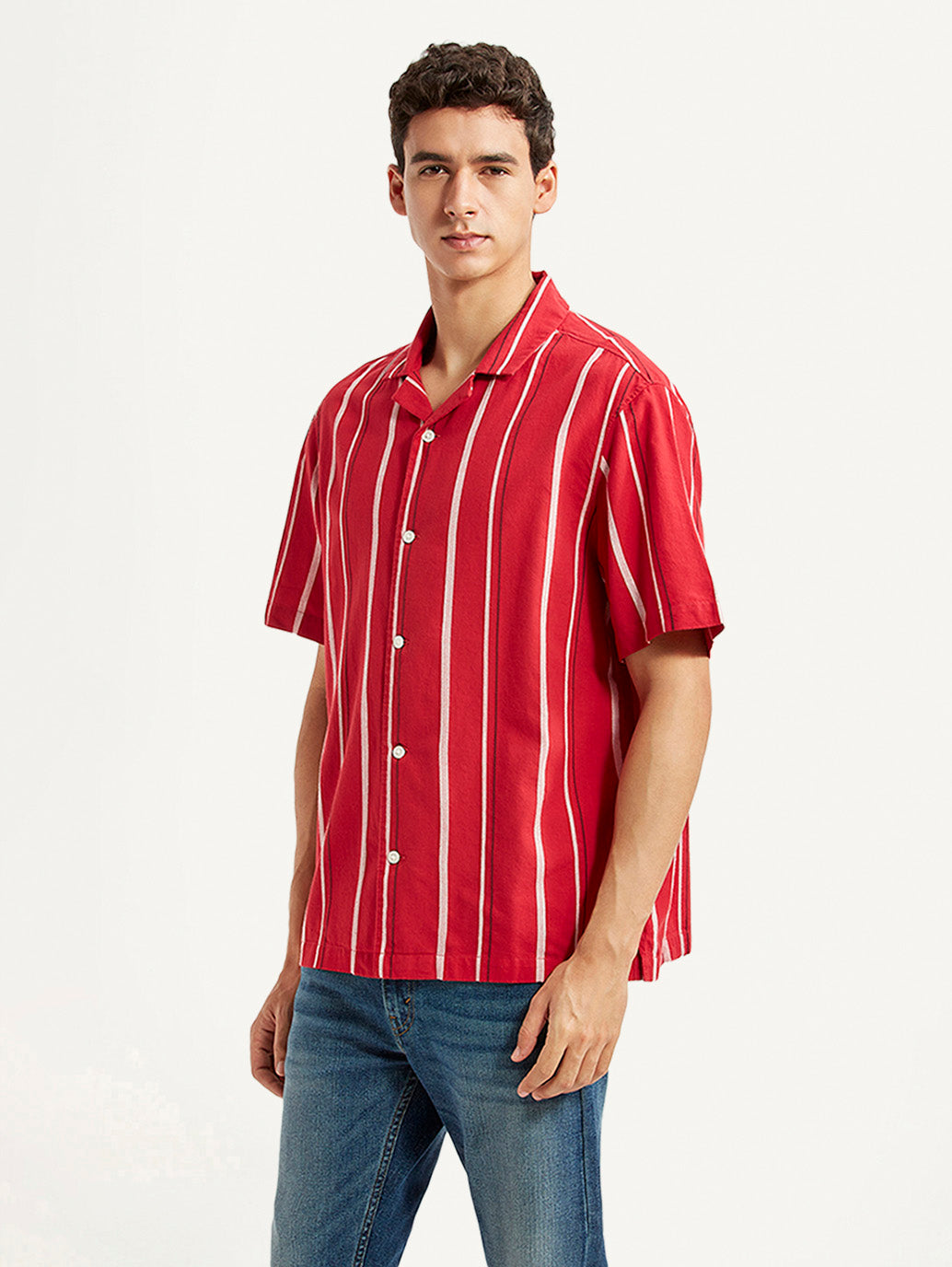 Men's Striped Red Relaxed Fit Camp Shirt - Side View