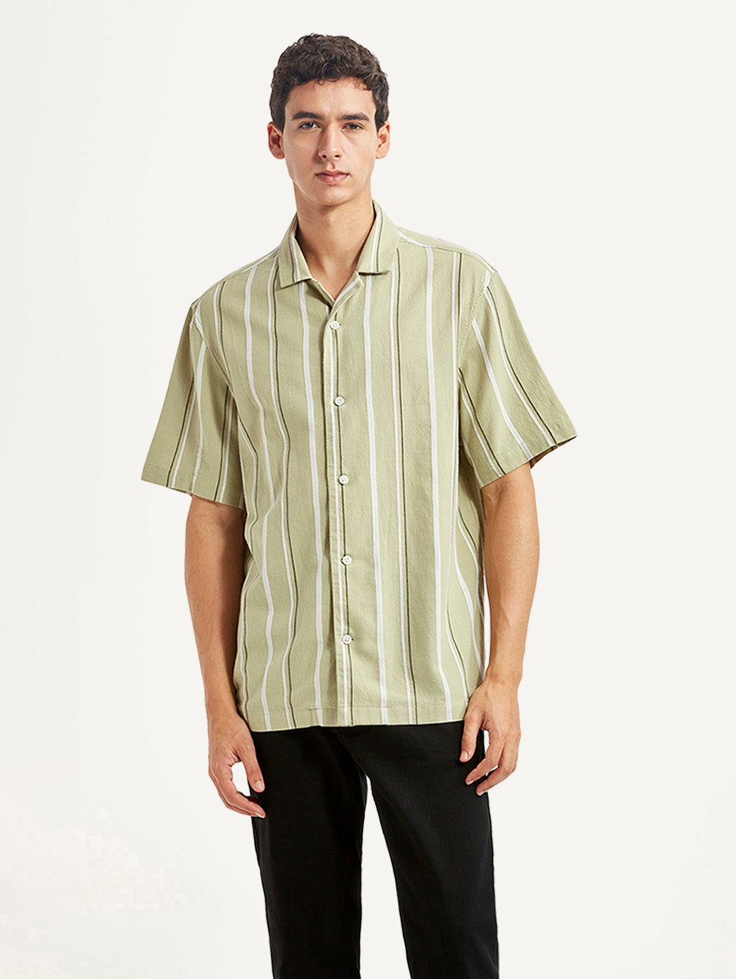Men's Striped Light Green Relaxed Fit Camp Shirt - Front View