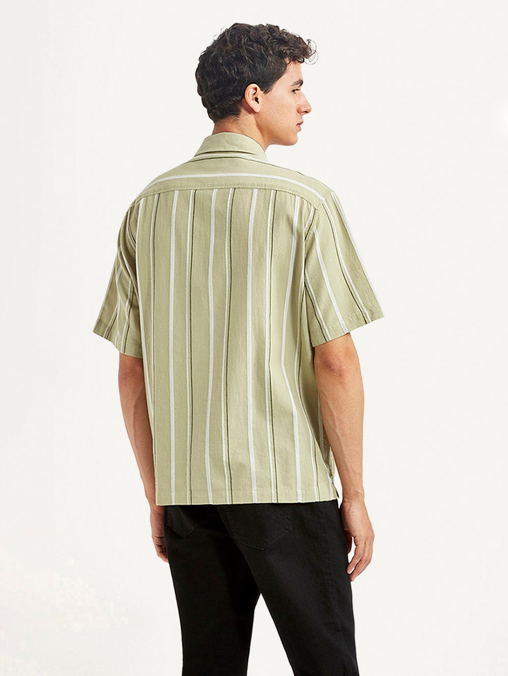 Men's Striped Light Green Relaxed Fit Camp Shirt - Back View