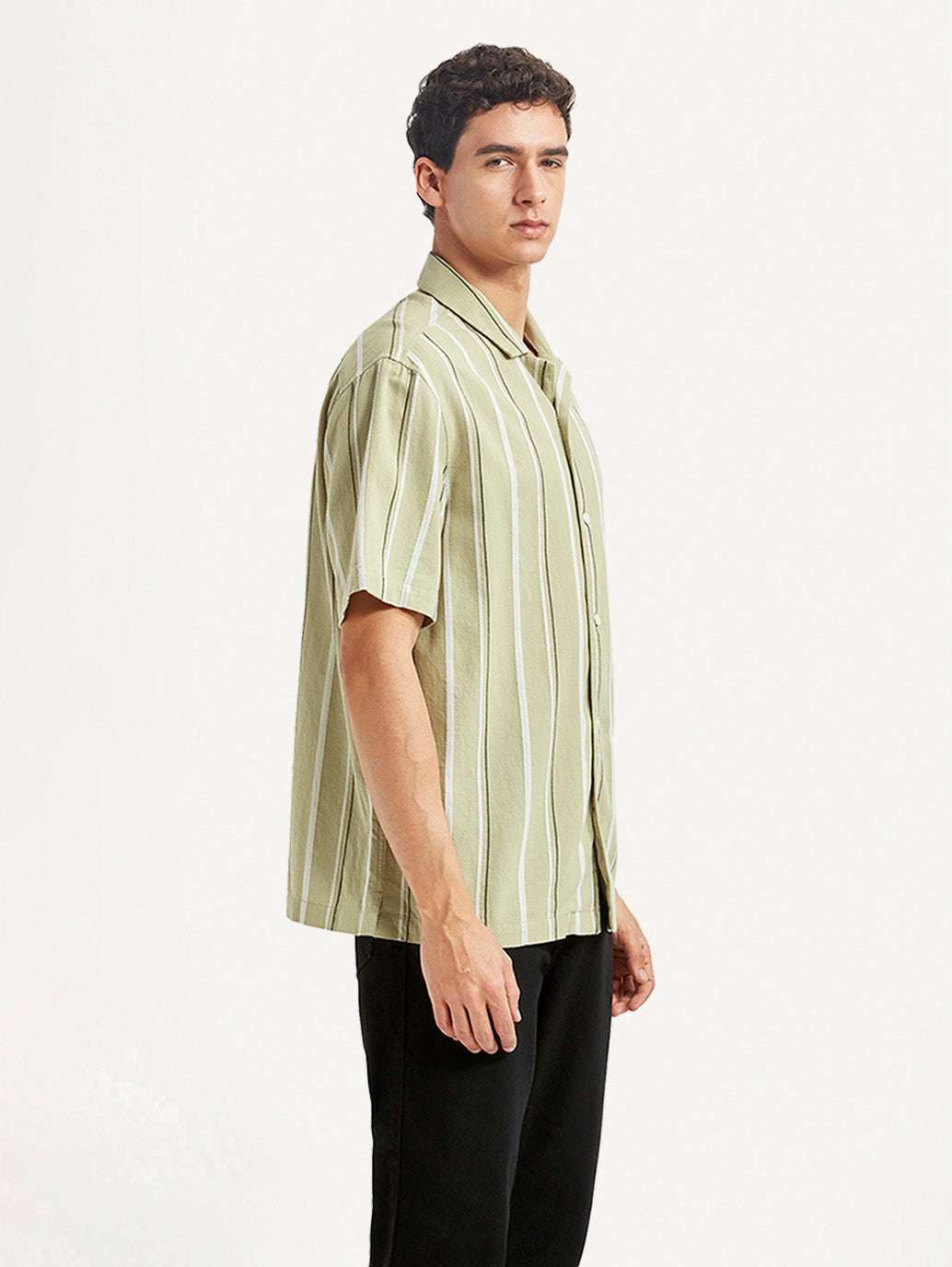 Men's Striped Light Green Relaxed Fit Camp Shirt - Side View