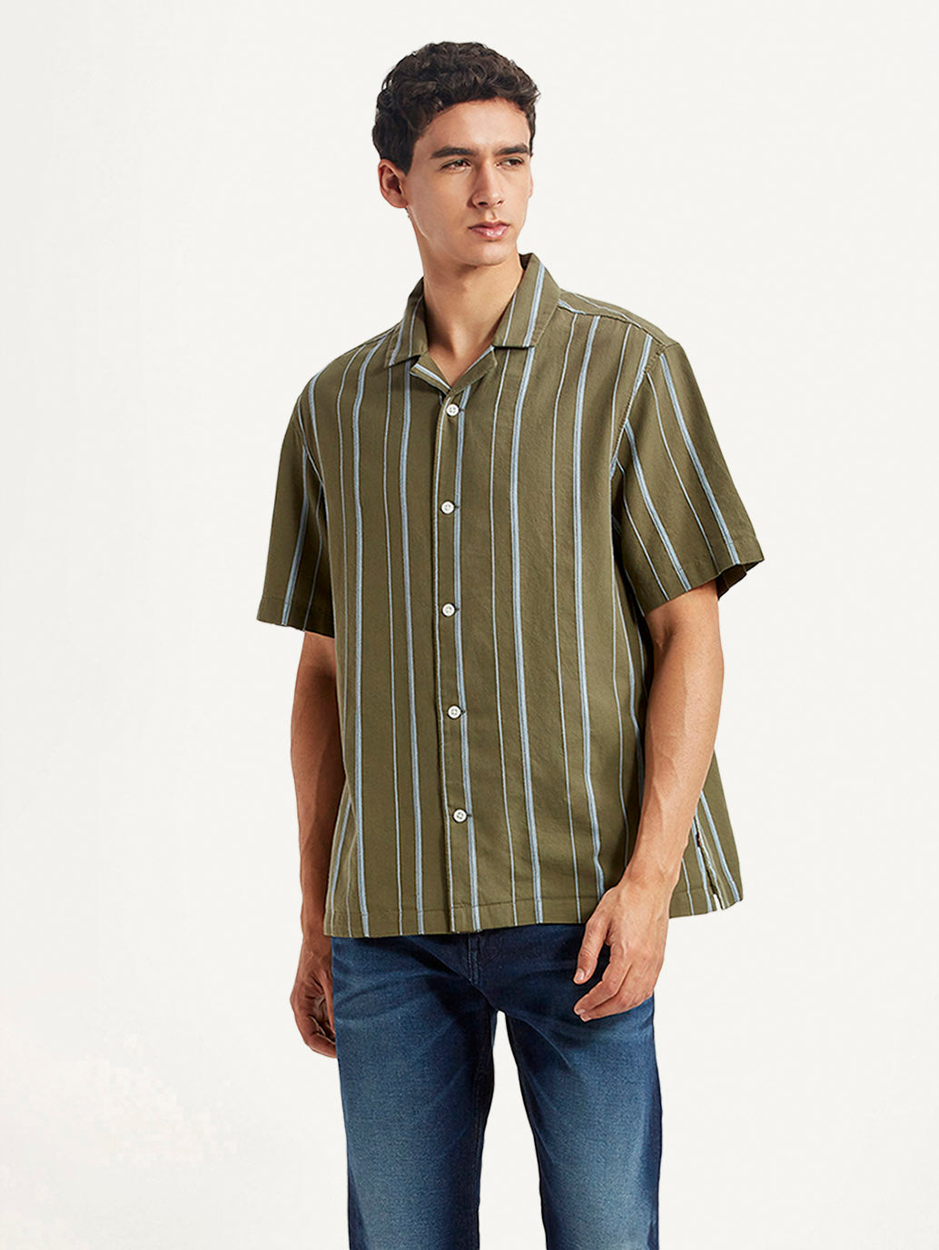 Men's Striped Olive Relaxed Fit Camp Shirt - Styleshot View