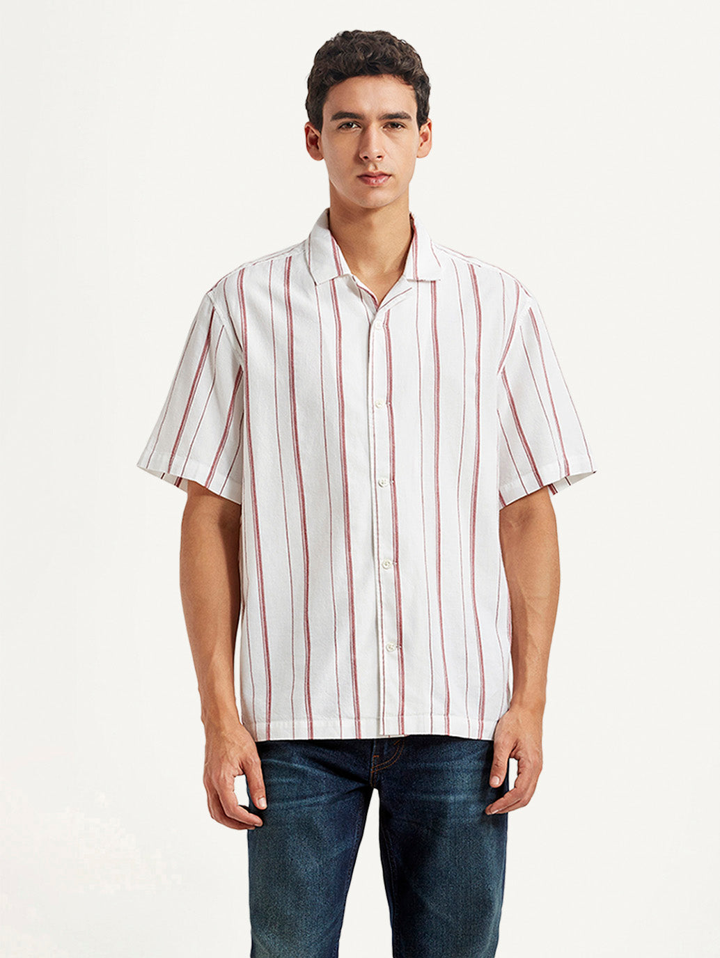 Men's Striped White Relaxed Fit Camp Shirt - Front View